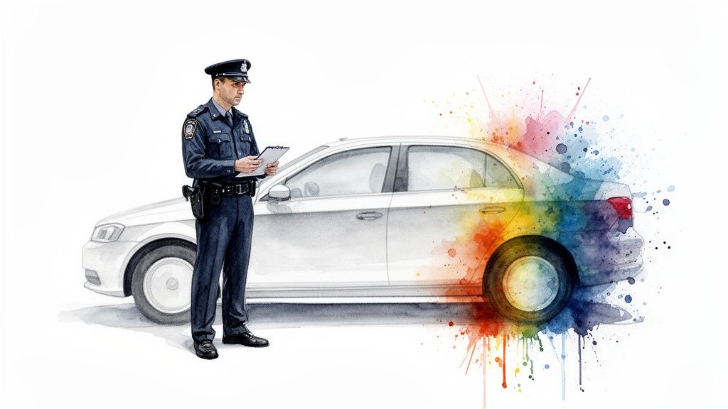 A police officer in uniform writing on a clipboard next to a car with a vibrant watercolor design.