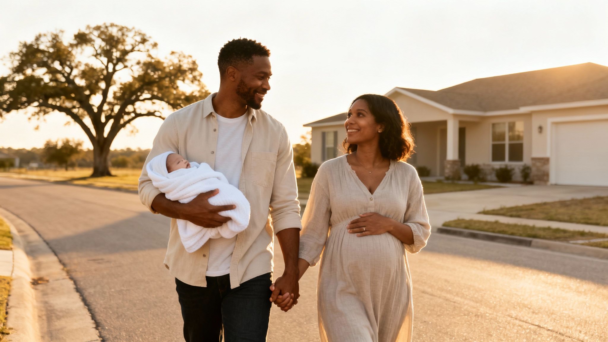 A smiling Black couple walking, man holding a newborn baby, pregnant woman holding his hand.