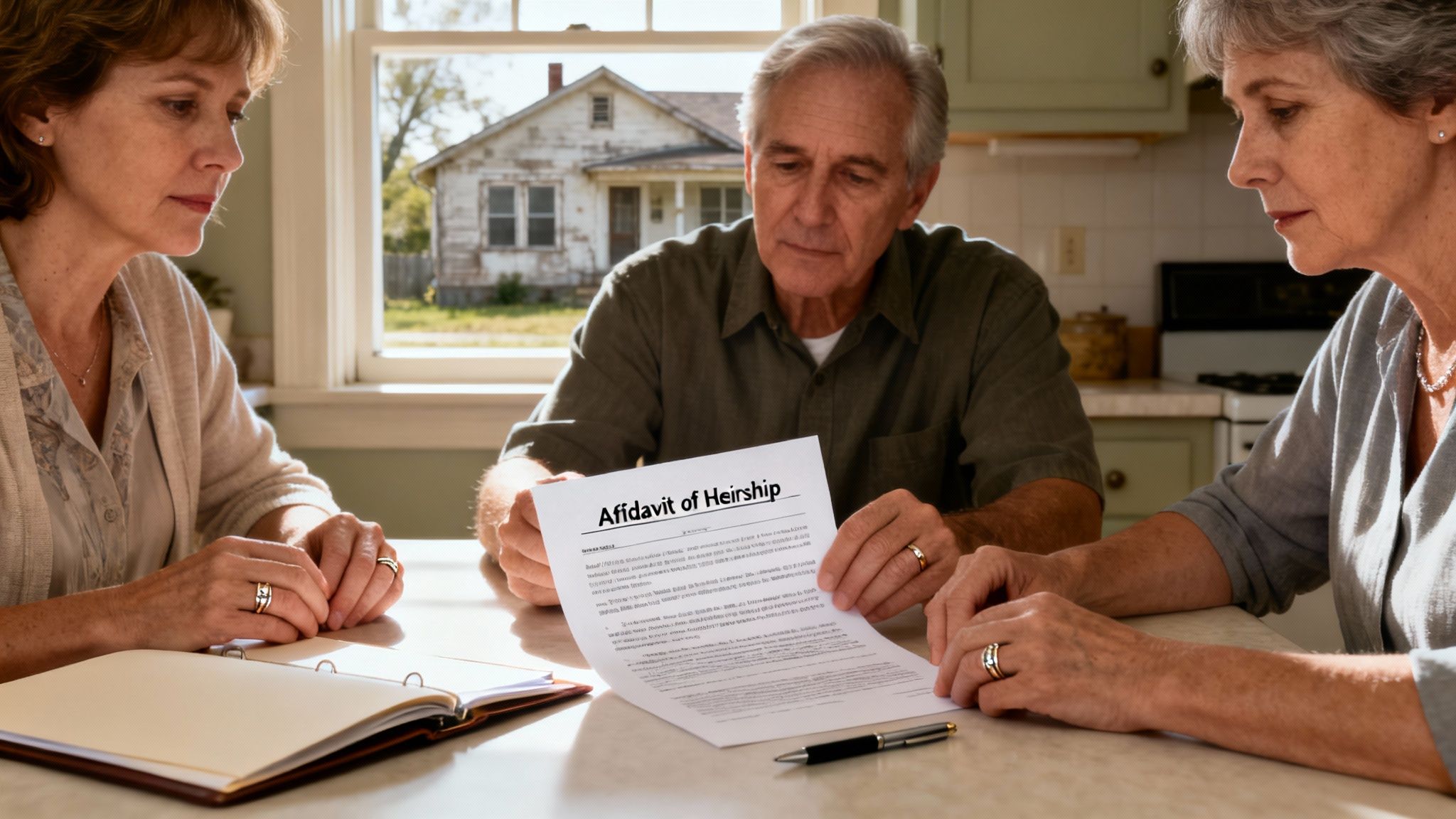 Three older adults discussing an 'Affidavit of Heirship' document at a table.
