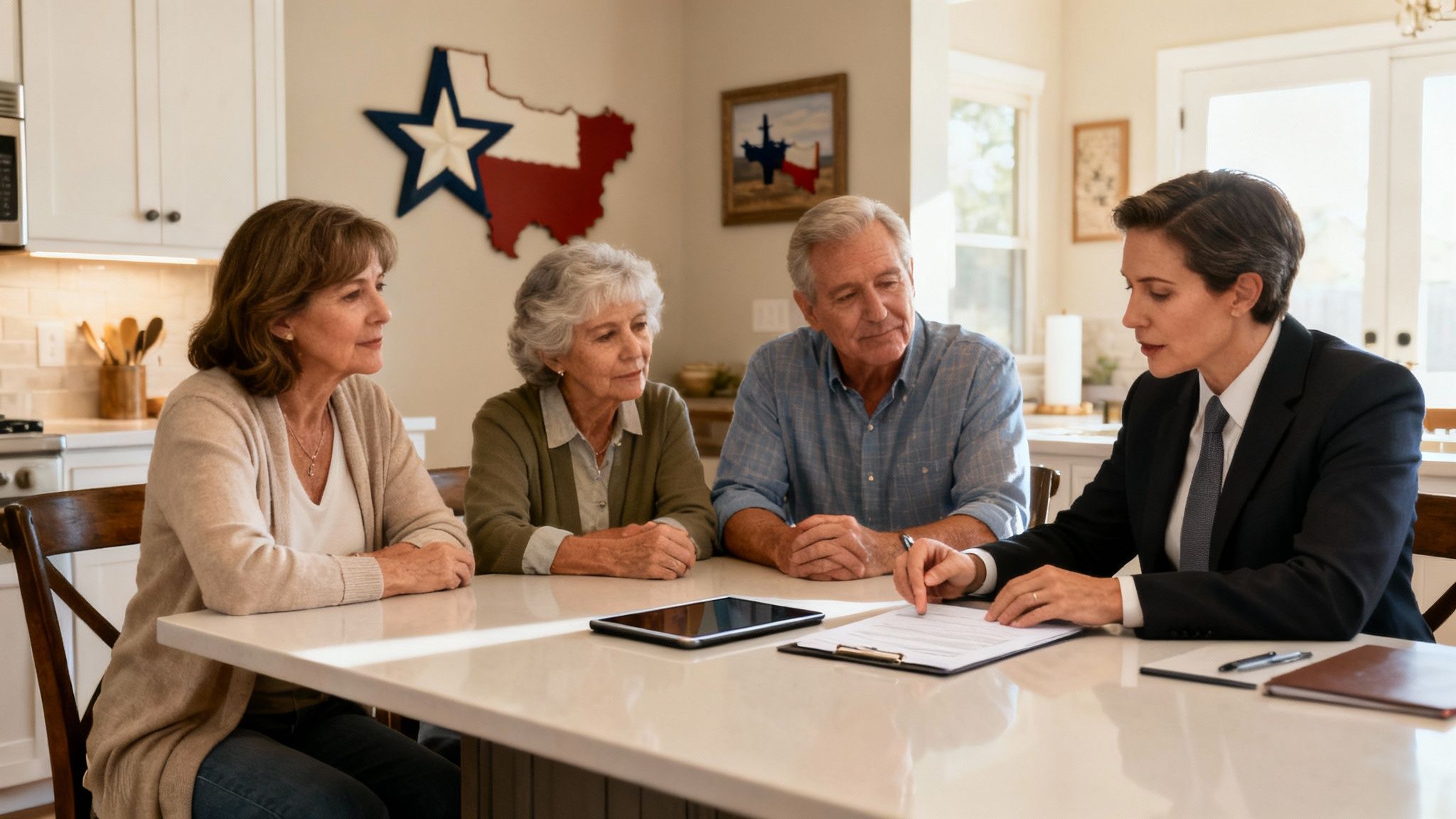 Group of four individuals in a Texas home discussing estate planning, with a lawyer explaining trust fund setup while reviewing documents on a table.