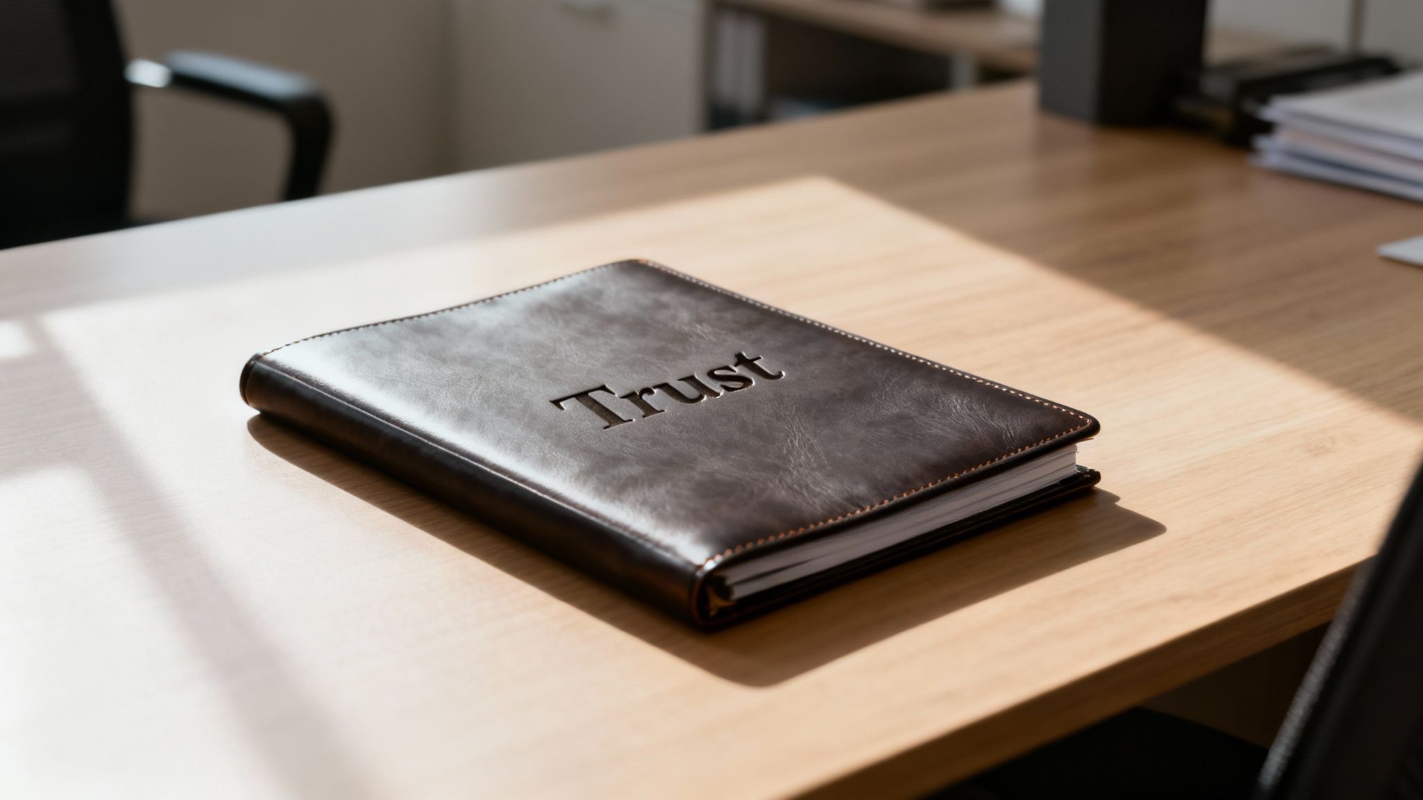 A dark brown leather notebook with 'Trust' embossed on its cover sits on a bright wooden desk.