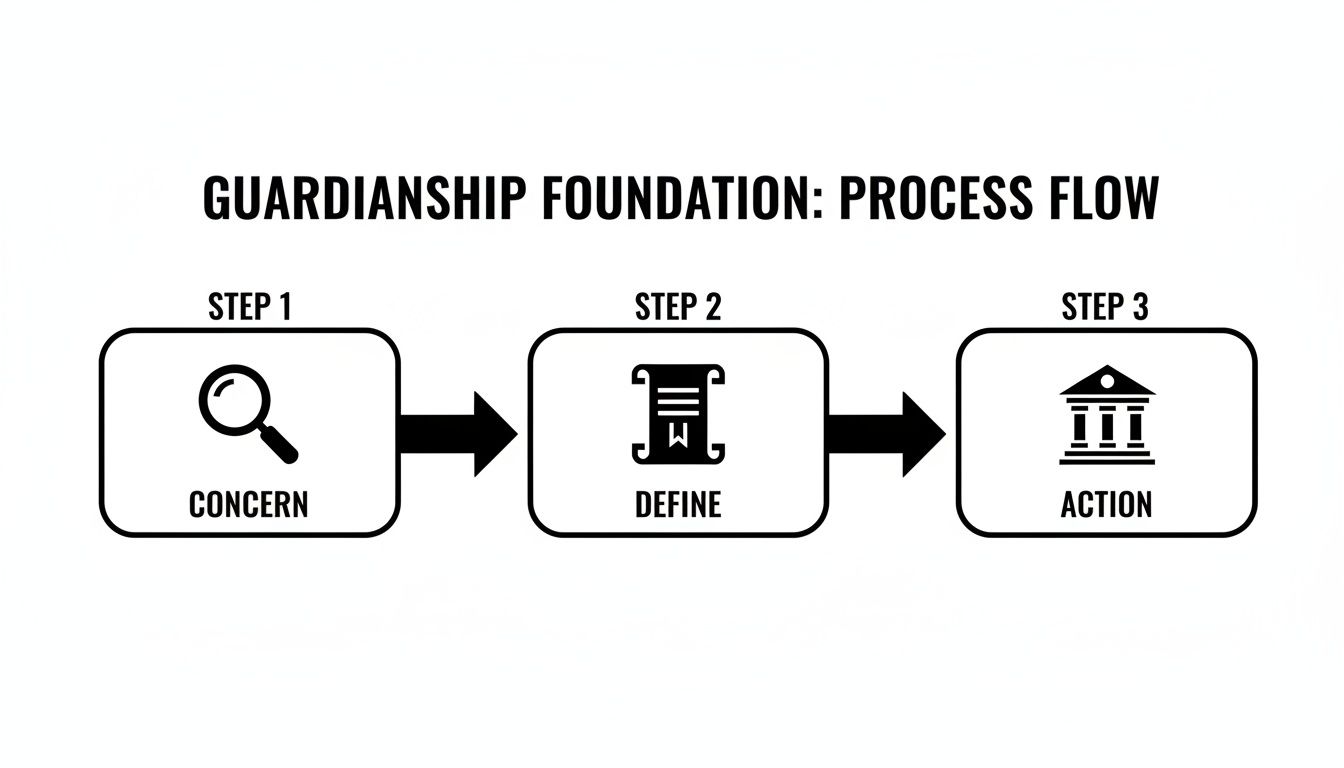 Guardianship process flowchart illustrating three foundational steps: concern, define legal need, and take formal action in court.