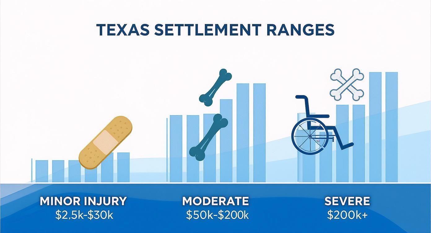 An infographic illustrating Texas injury settlement ranges for minor, moderate, and severe cases.