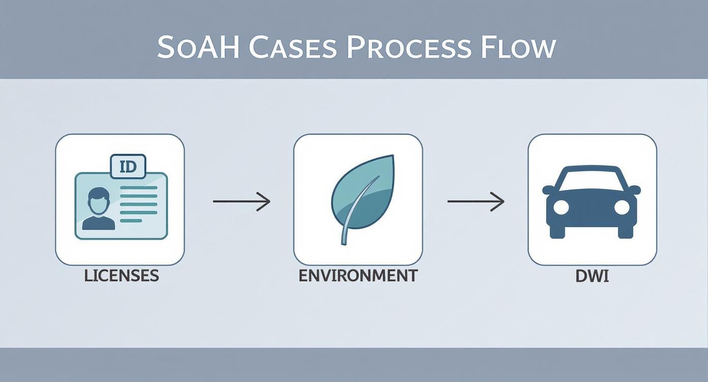SoAH cases process flow infographic illustrating licenses, environment, and DWI connections.