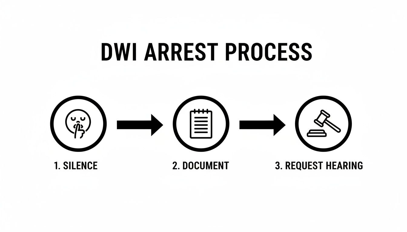 A flowchart illustrates the DWI arrest process with three key steps: silence, document, and request hearing.