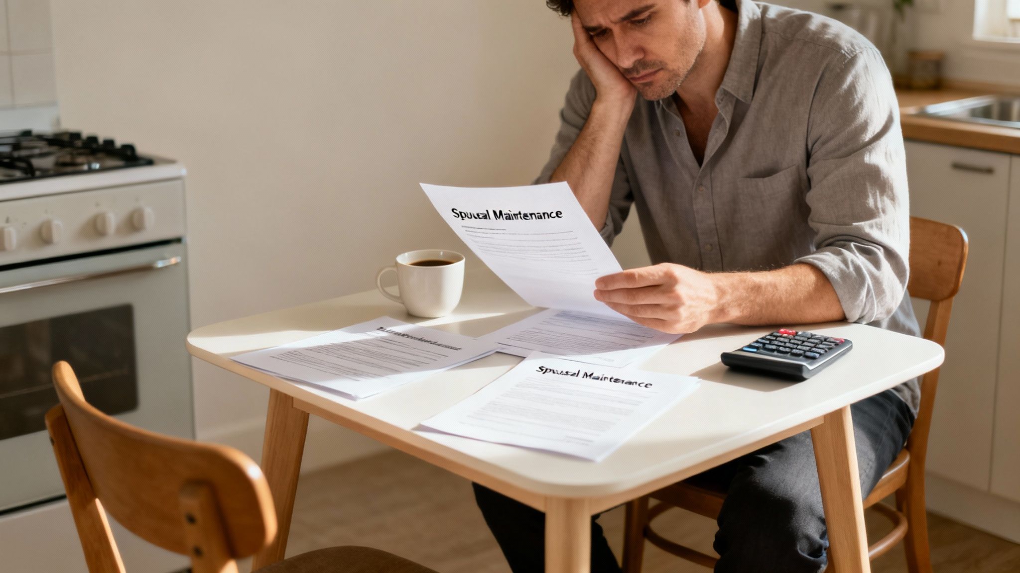Stressed man reviewing spousal maintenance documents and calculator at a kitchen table.