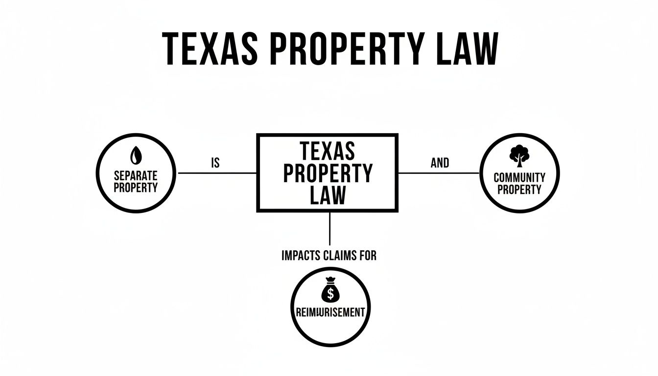 A diagram illustrating Texas Property Law, categorizing it into separate and community property, and its impact on reimbursement claims.