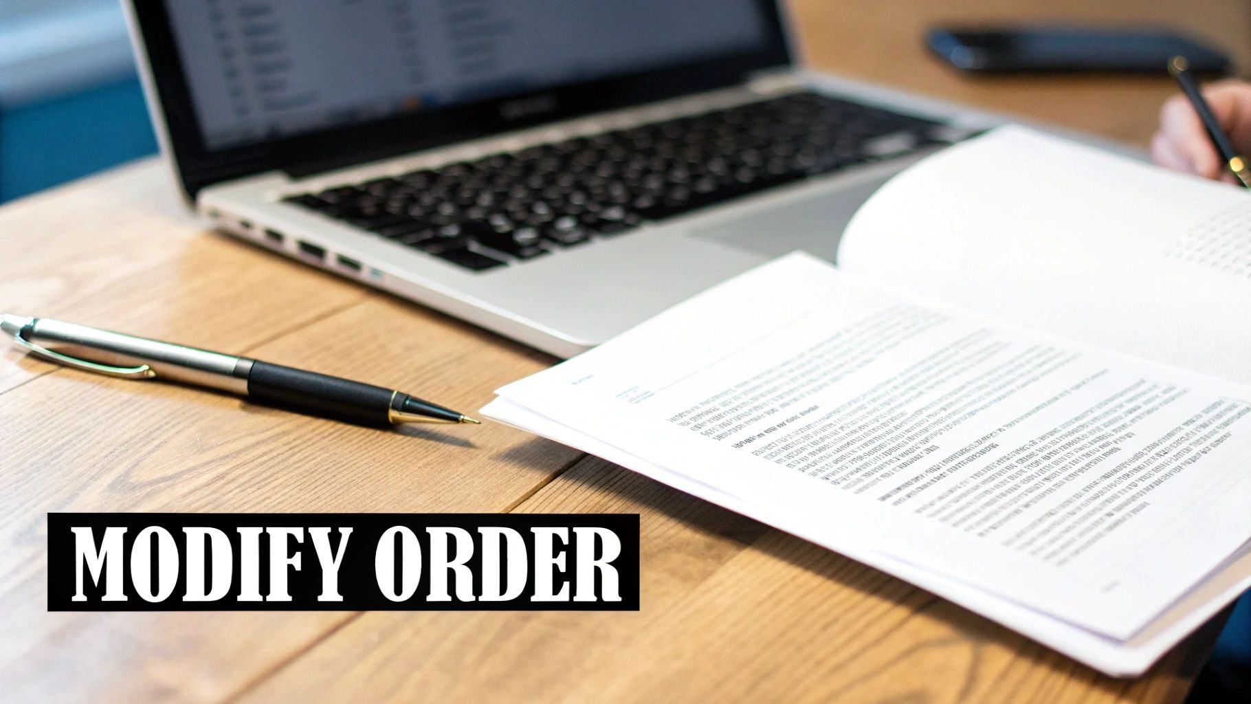 A close-up of a pen, laptop, and open documents on a wooden desk, with 'MODIFY ORDER' overlay.