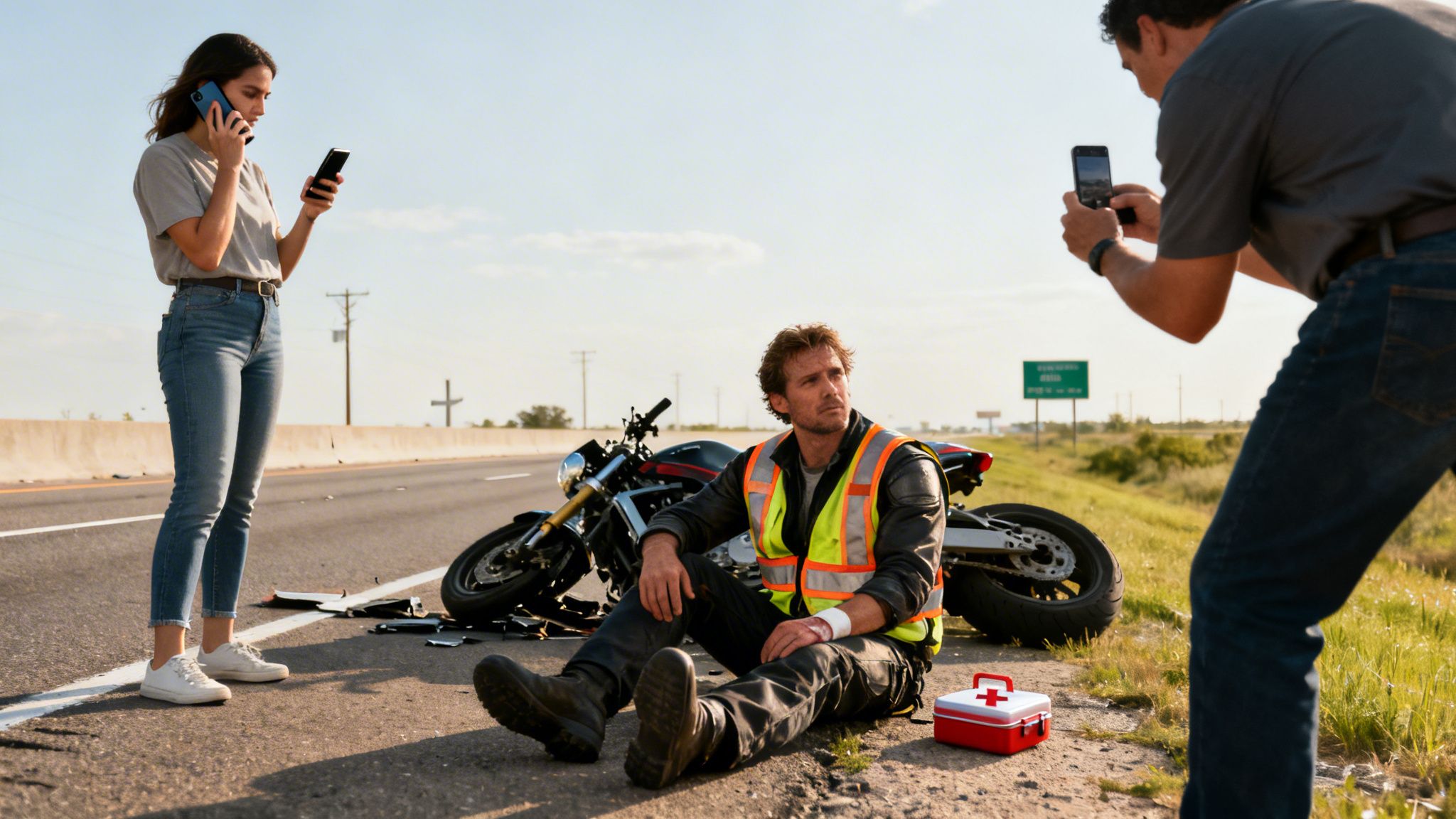 People on a highway documenting a motorcycle accident and calling for help for the injured rider.