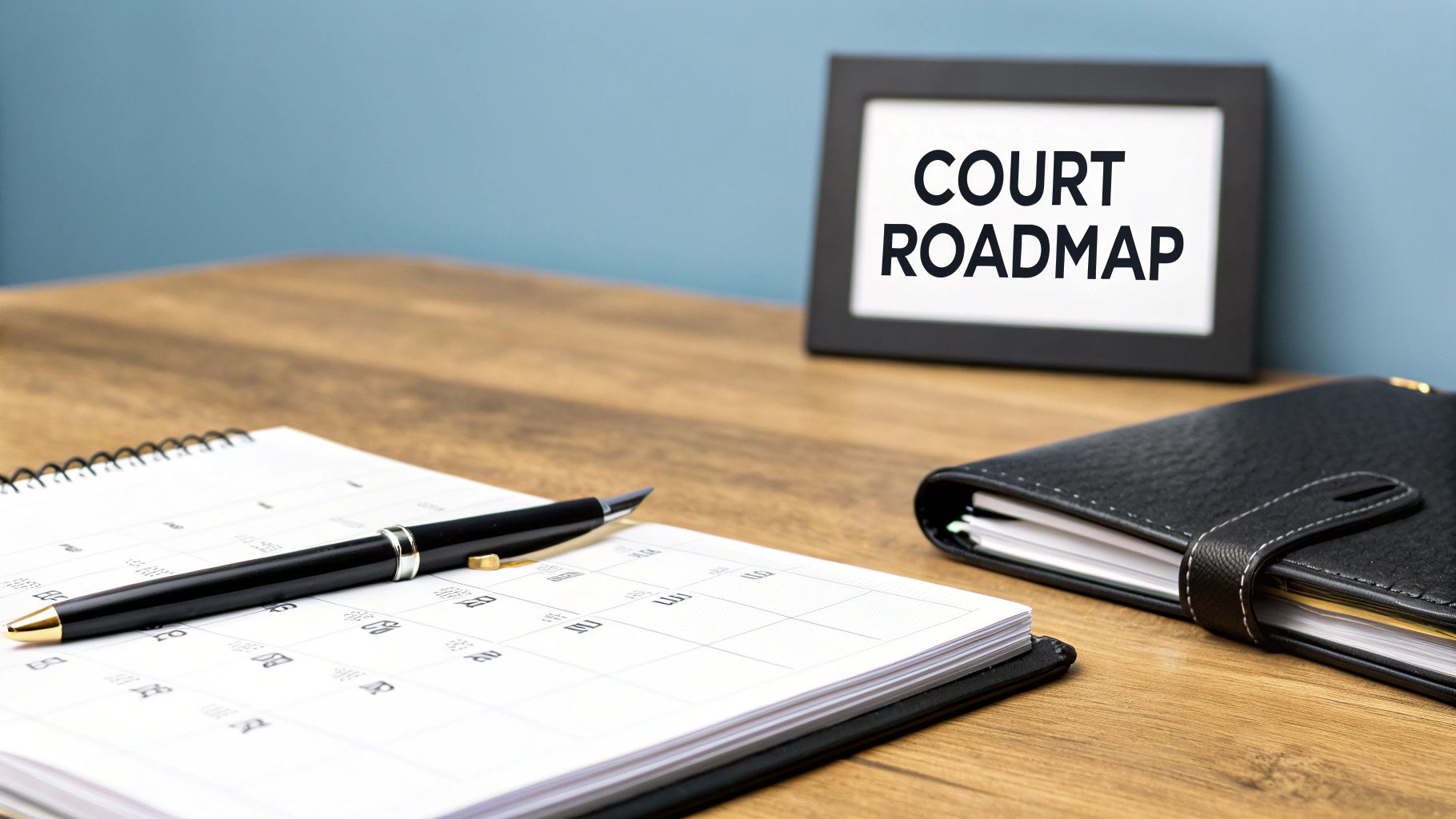 A balanced scale of justice sits on a wooden desk in a law office.