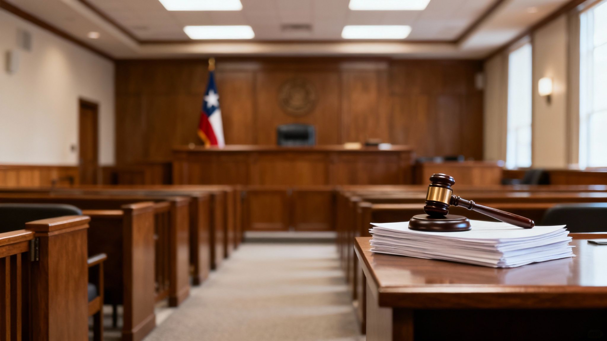 A formal courtroom with a judge's gavel and law books, representing the official nature of litigation.