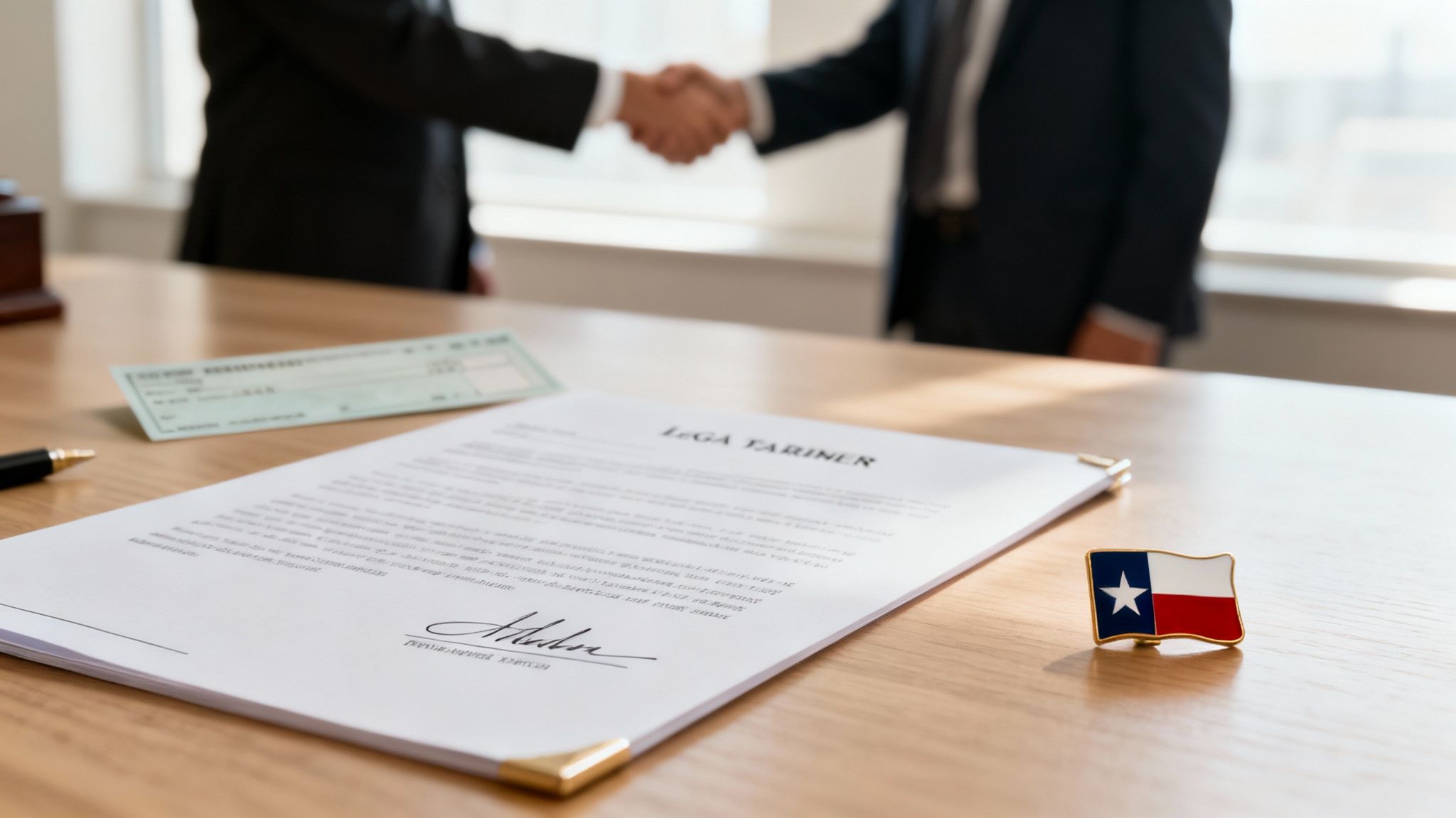 A lawyer and client reviewing a retainer agreement document together.