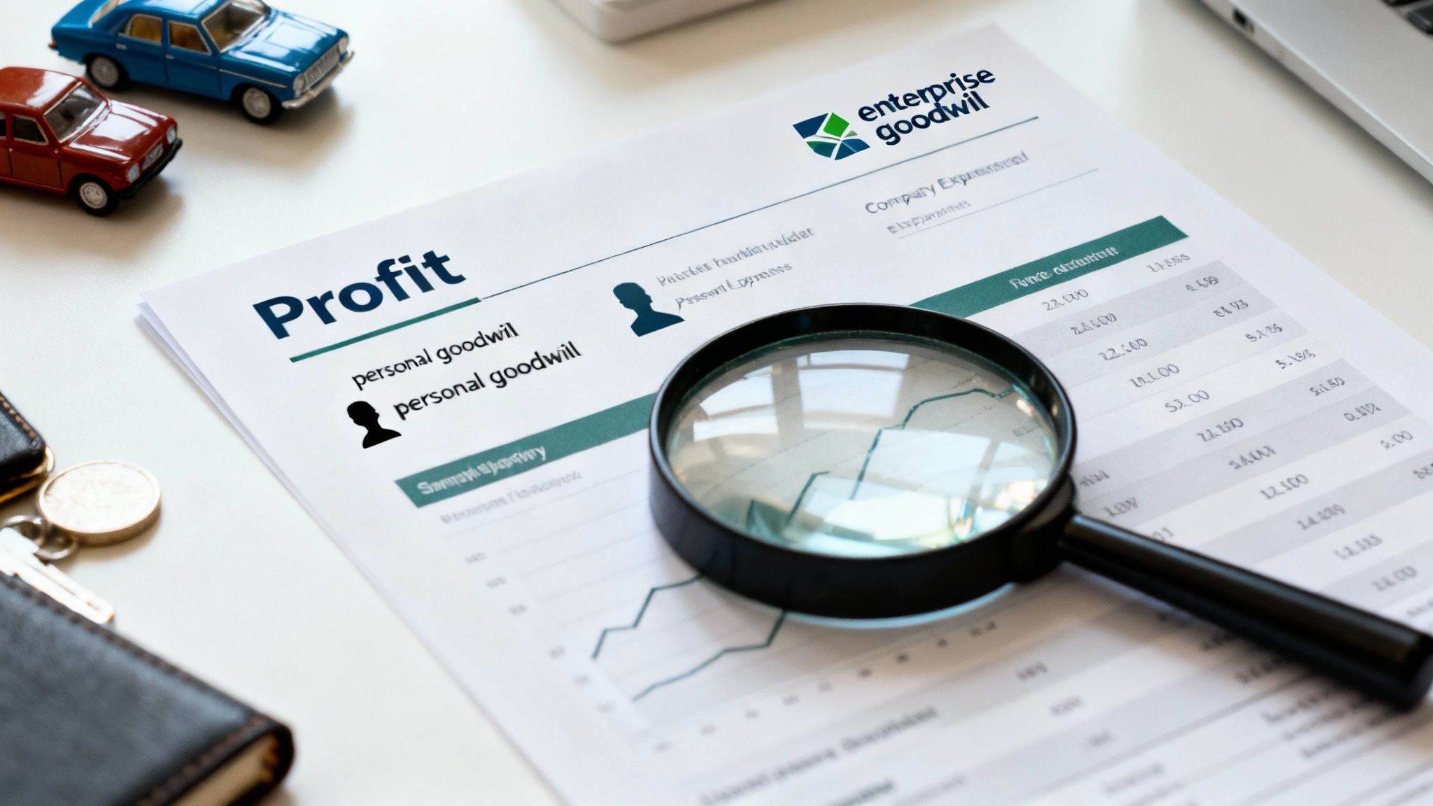 A magnifying glass rests on a financial document titled 'Profit' with 'enterprise goodwill' logo, displaying business data and graphs.