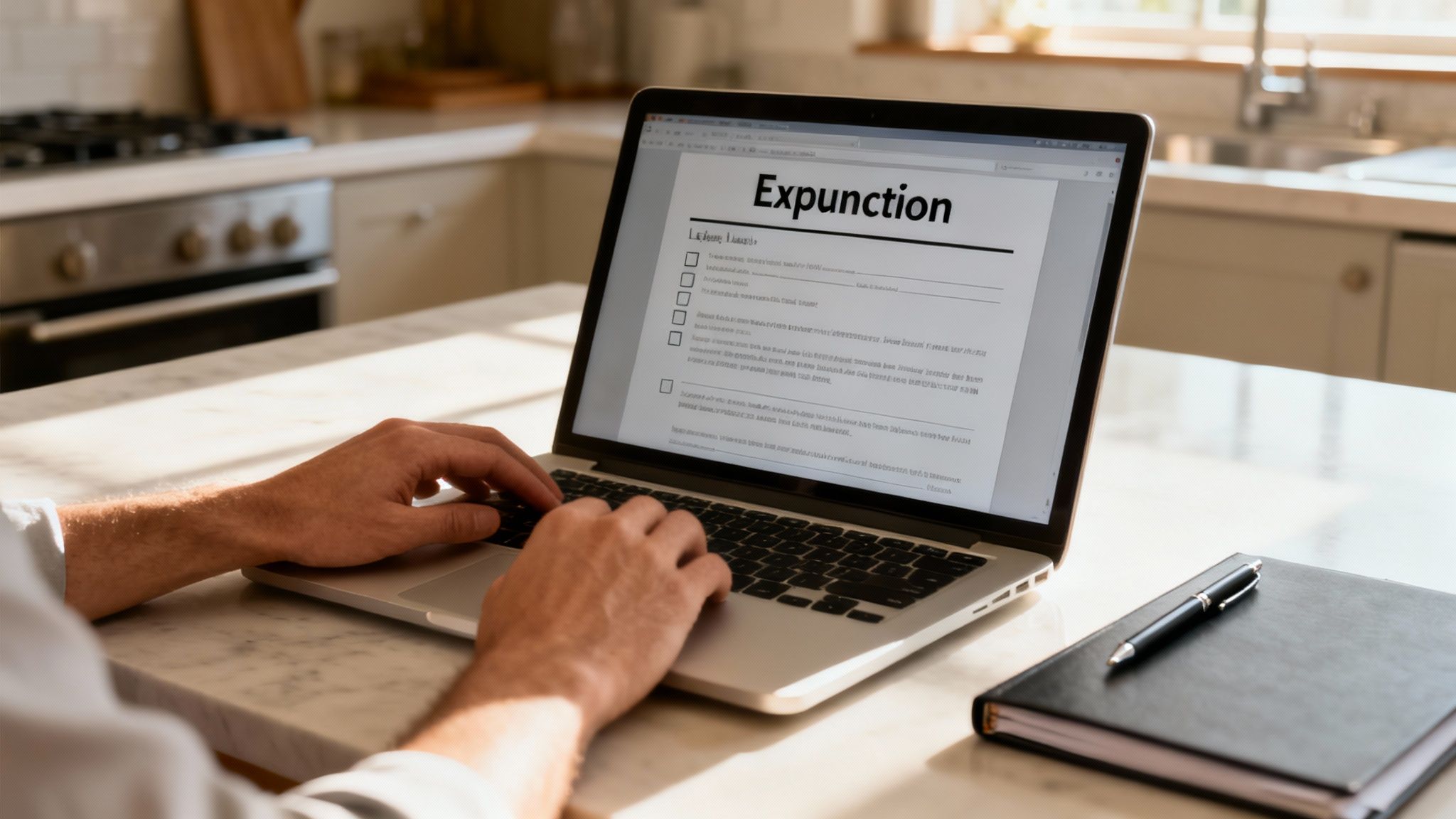A person types on a laptop displaying an "Expunction" legal document, with a notebook and pen nearby.