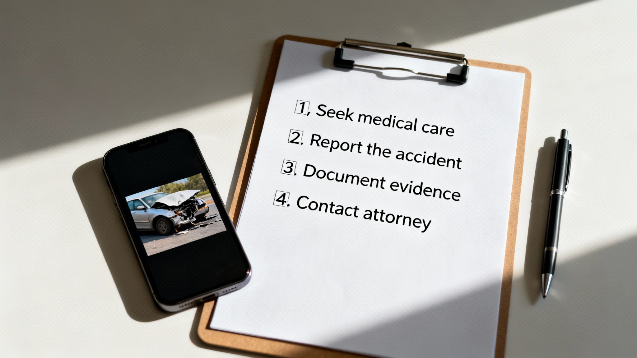 A smartphone displays a crashed car next to a clipboard with a four-step accident checklist.