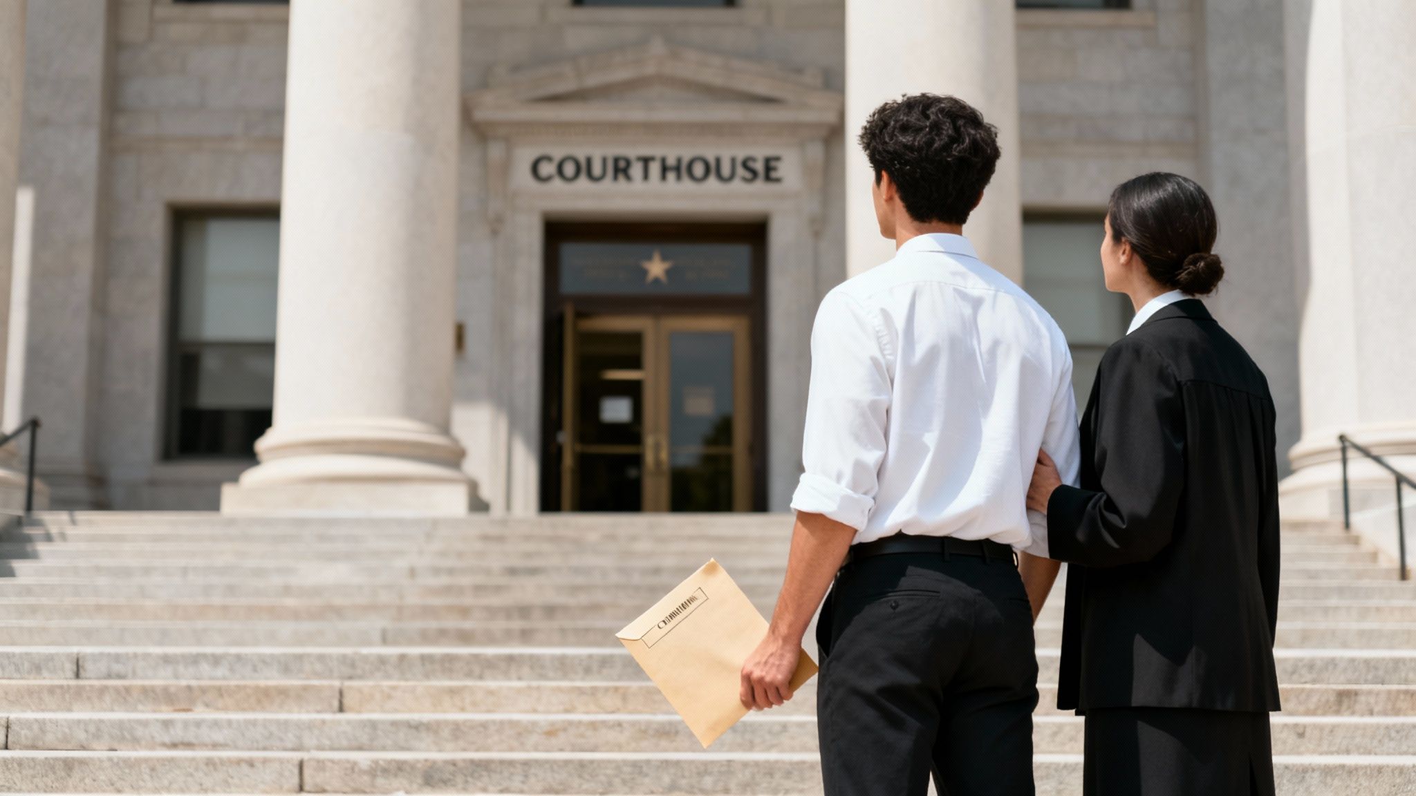 Person in white shirt holding legal documents with attorney in black robe outside courthouse steps, emphasizing the importance of pleading not guilty in criminal defense.