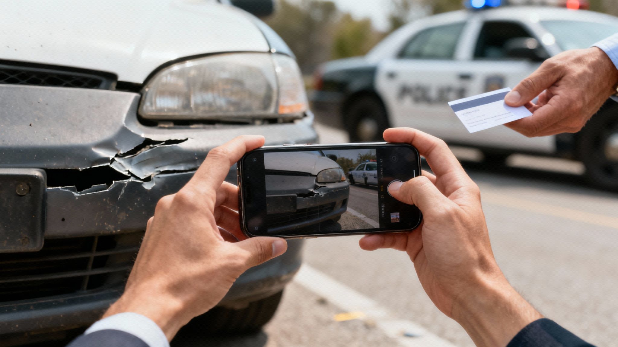 Close-up of hands photographing a damaged car bumper with a smartphone after an accident, with a police car nearby.