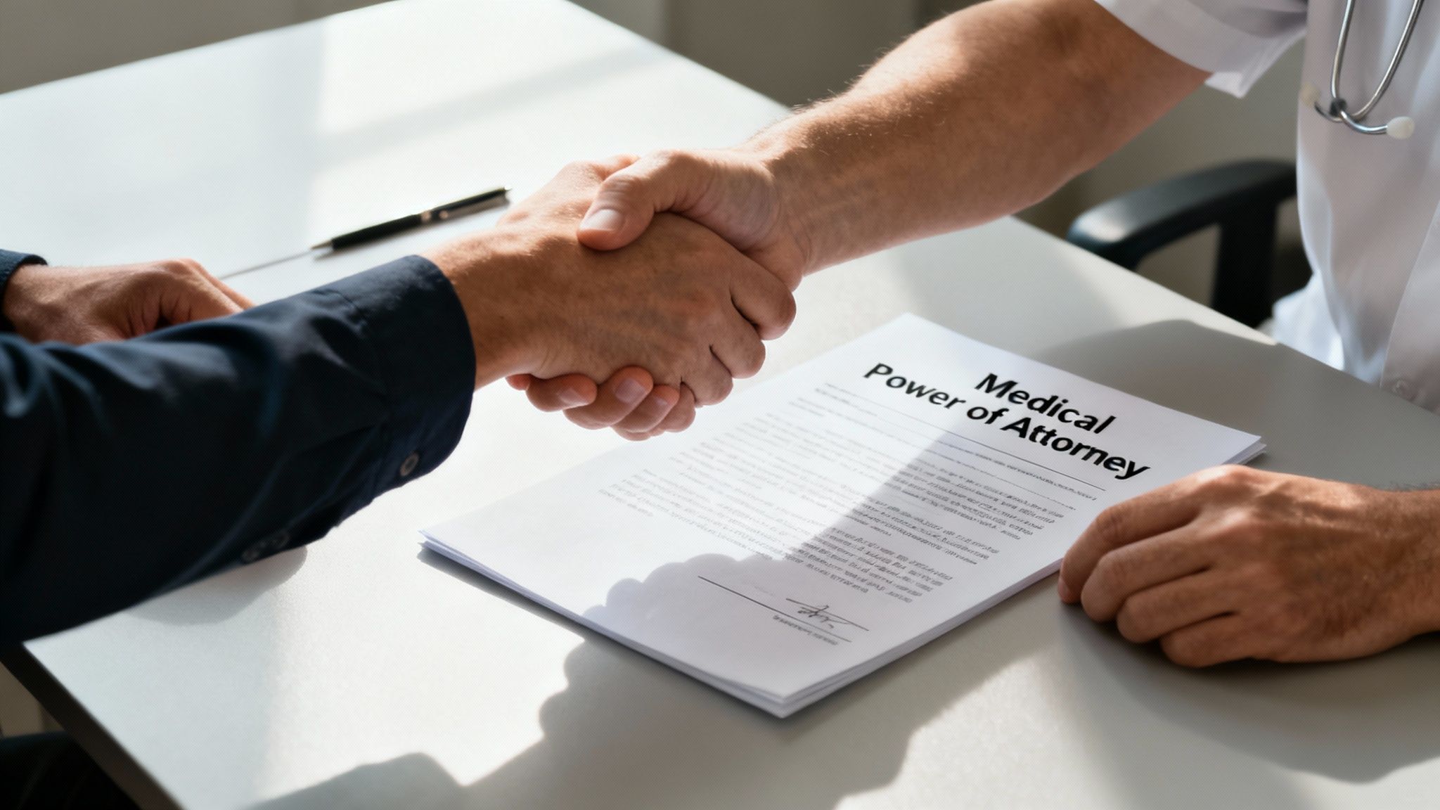 Handshake over a Medical Power of Attorney document on a table, symbolizing trust and decision-making in estate planning.