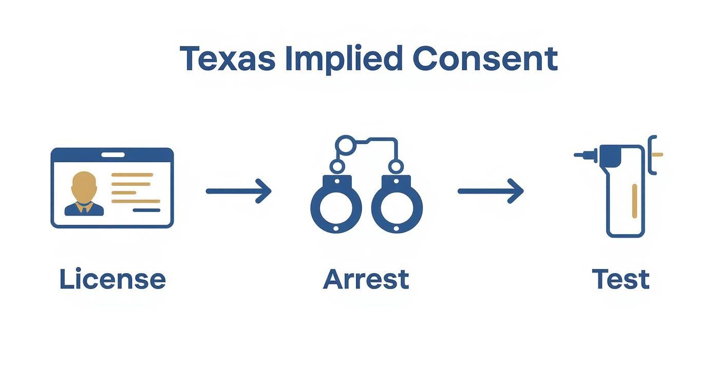 Texas implied consent flowchart illustrating the process from obtaining a driver's license to arrest and breathalyzer test, emphasizing legal obligations in DWI situations.