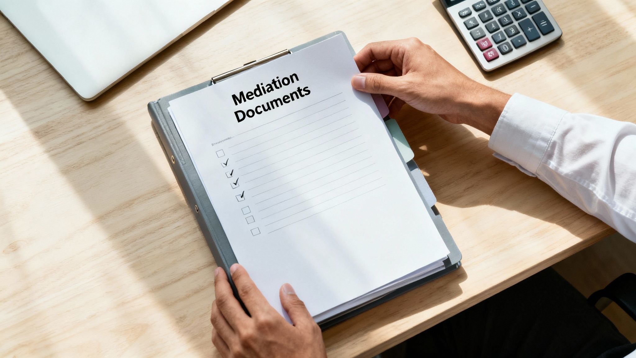 Mediation documents checklist on a clipboard, emphasizing preparation for divorce mediation sessions.