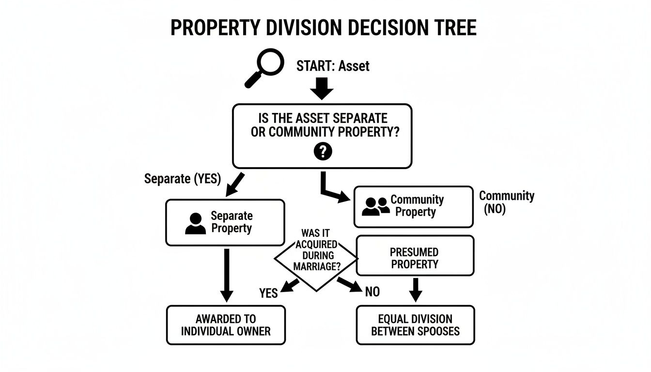 A flowchart illustrating the property division decision tree for assets in a divorce.