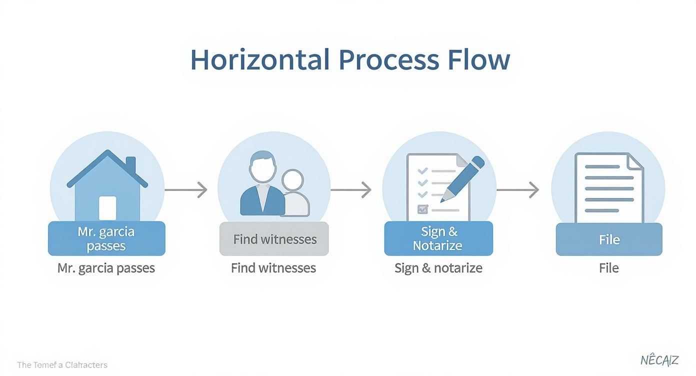 Horizontal process flow diagram illustrating the steps for using an Affidavit of Heirship in Texas: Mr. Garcia passes, find witnesses, sign and notarize, and file documents.
