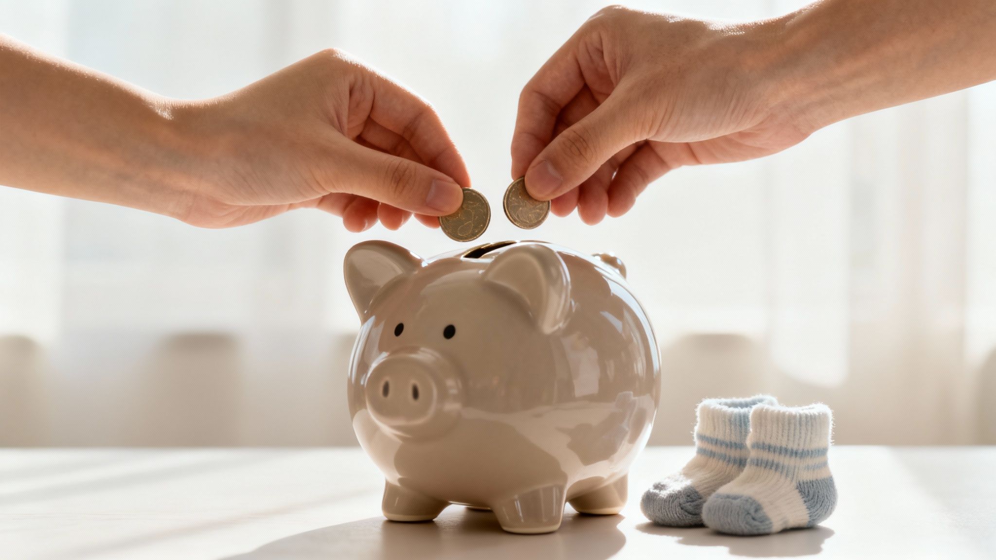 A hand holding a calculator with coins and a small house icon nearby, symbolizing the financial aspects of shared custody.