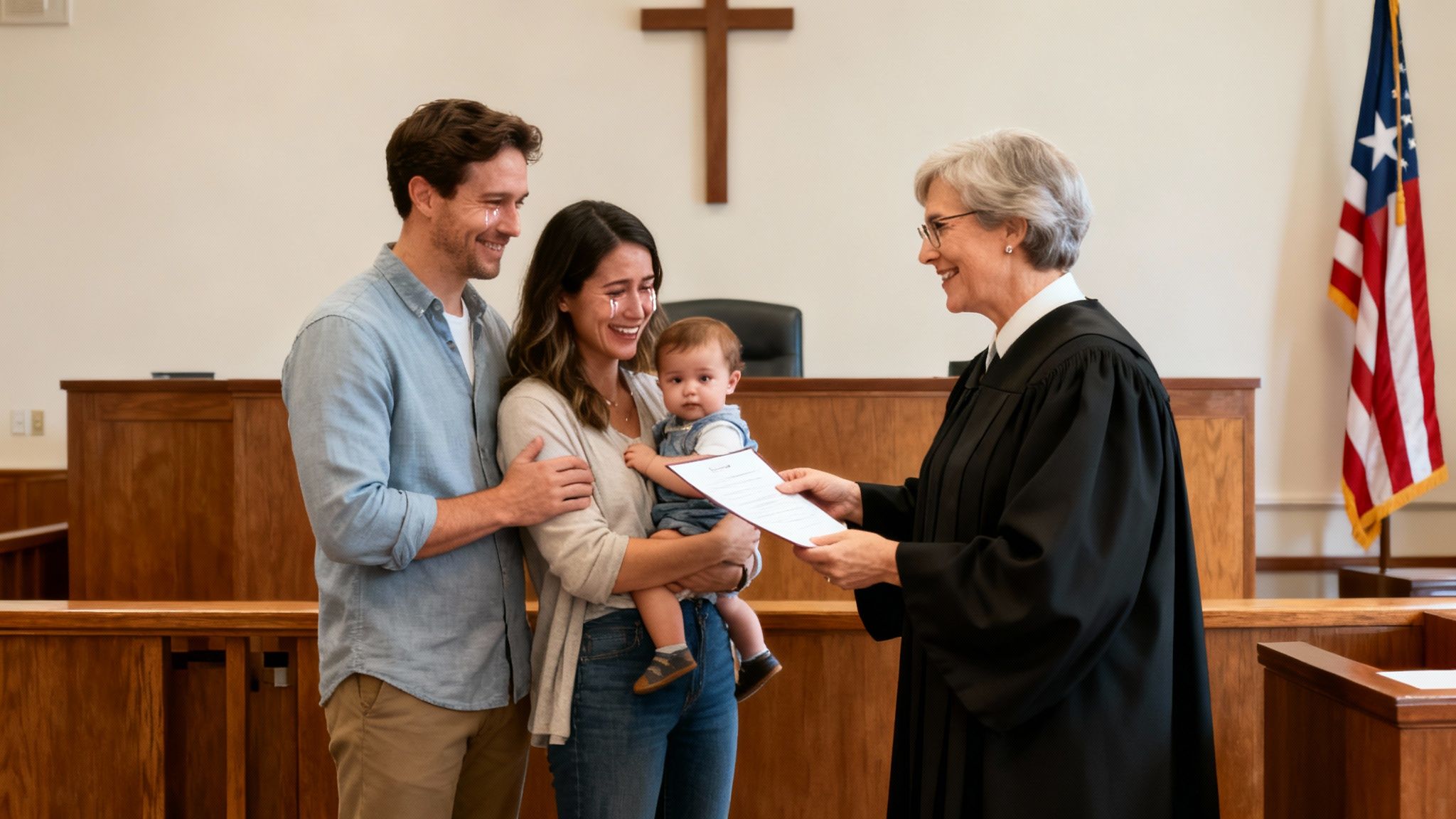 A smiling family in a courtroom, celebrating their adoption finalization.