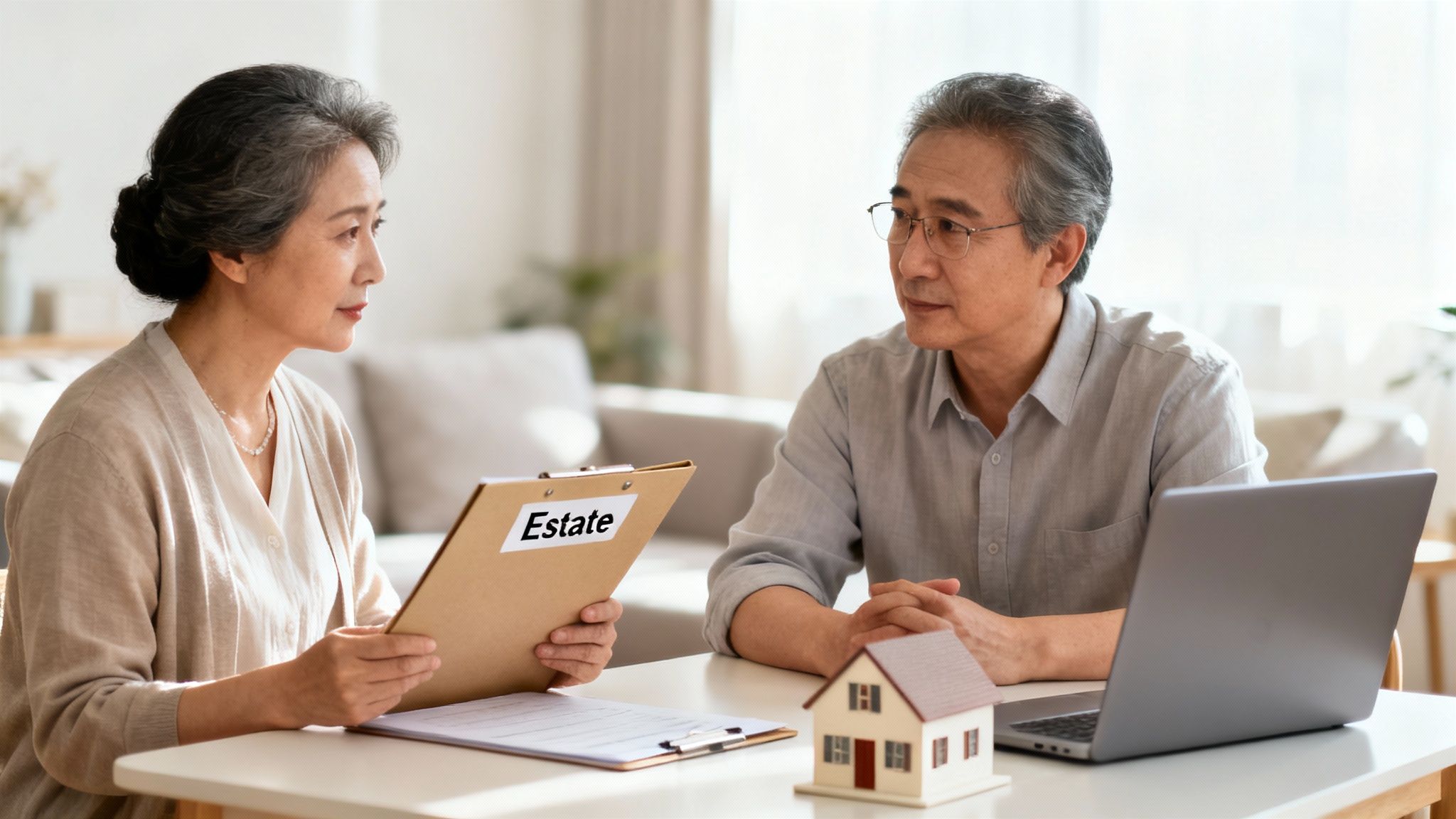 Elderly couple discussing estate planning with clipboard labeled "Estate," laptop, and miniature house on table, illustrating executor responsibilities in estate management.