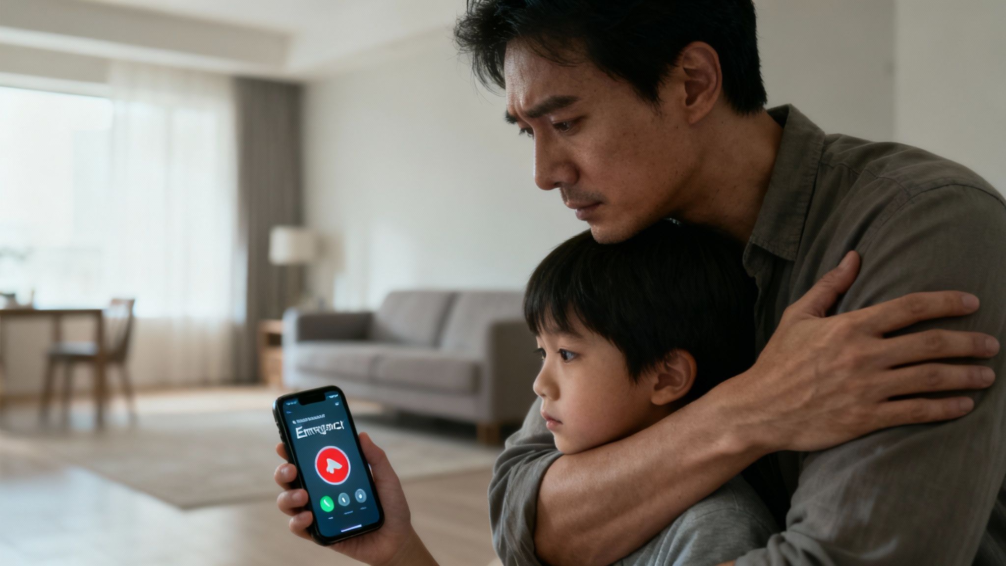 Father holding child protectively while making emergency call on smartphone at home