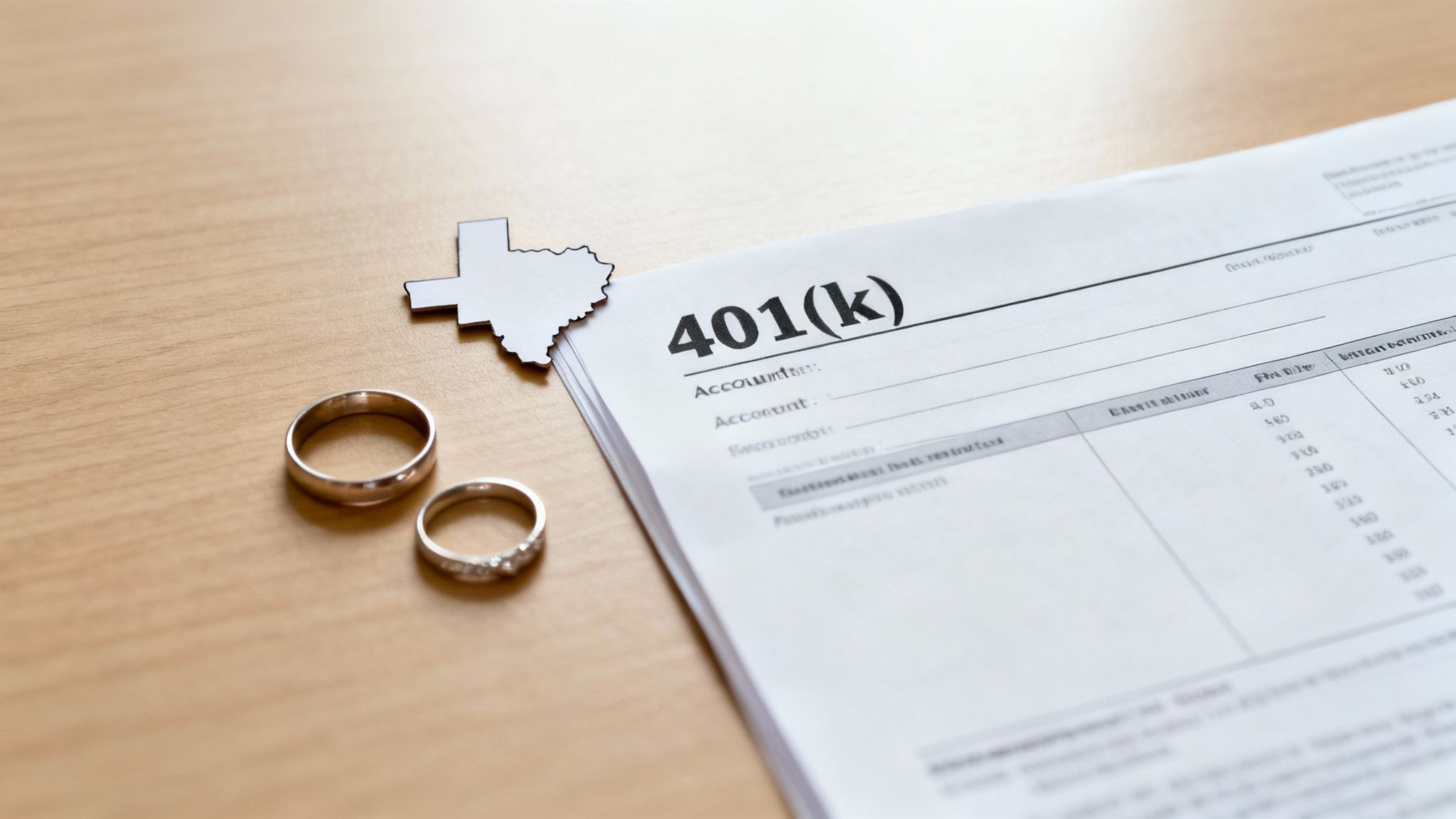 A 401(k) document, two wedding rings, and a Texas state cutout on a wooden table.
