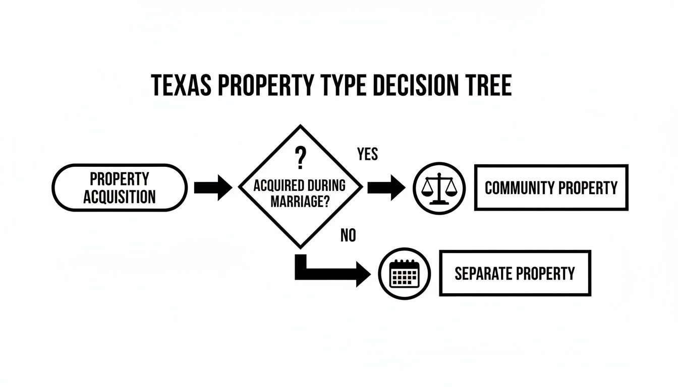 Flowchart illustrating Texas property types: community property if acquired during marriage, otherwise separate property.