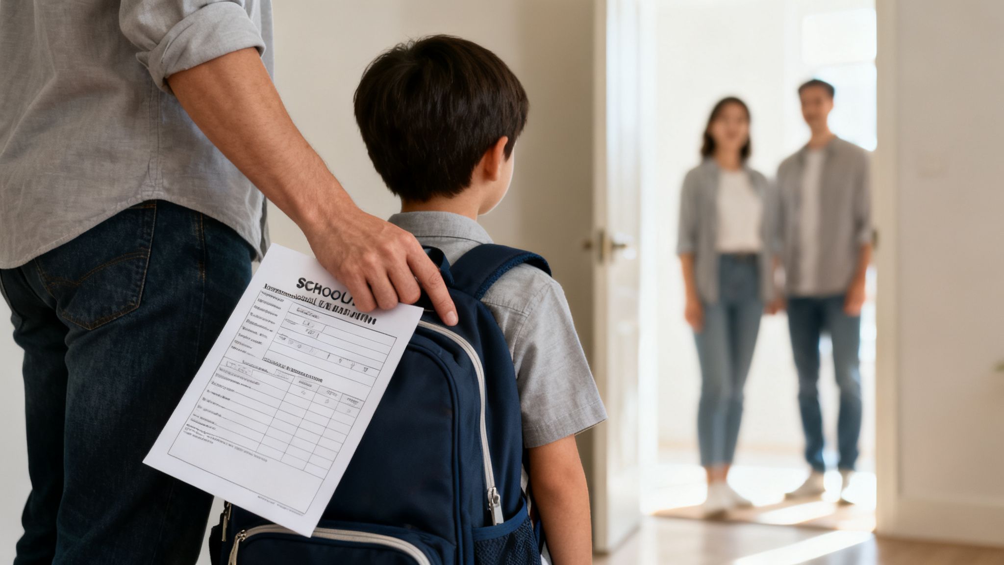 A father holds a school form, guiding his son with a backpack towards blurred parents.