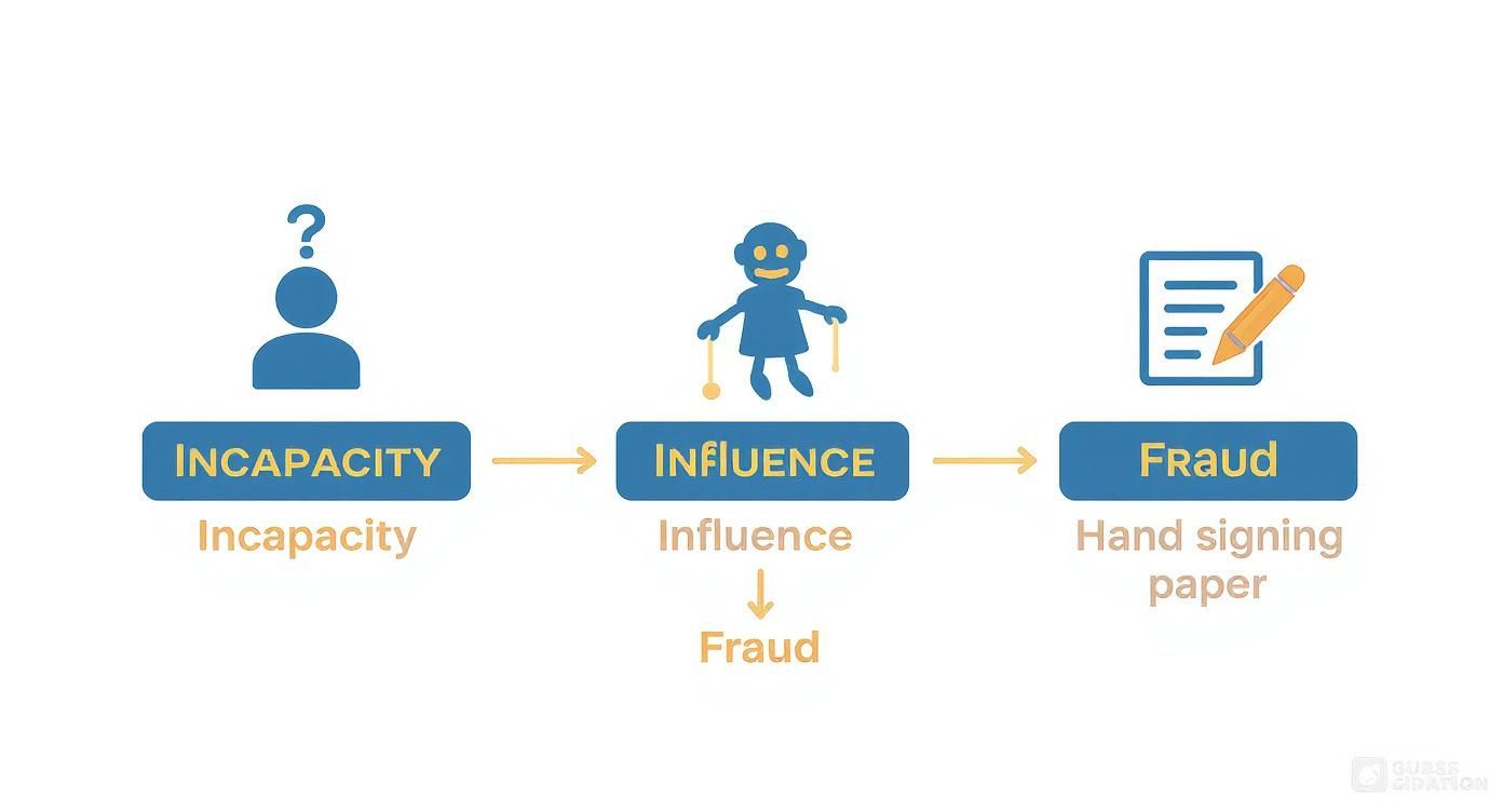Three stages of trust contestation: incapacity, undue influence leading to fraud, and hand signing documents