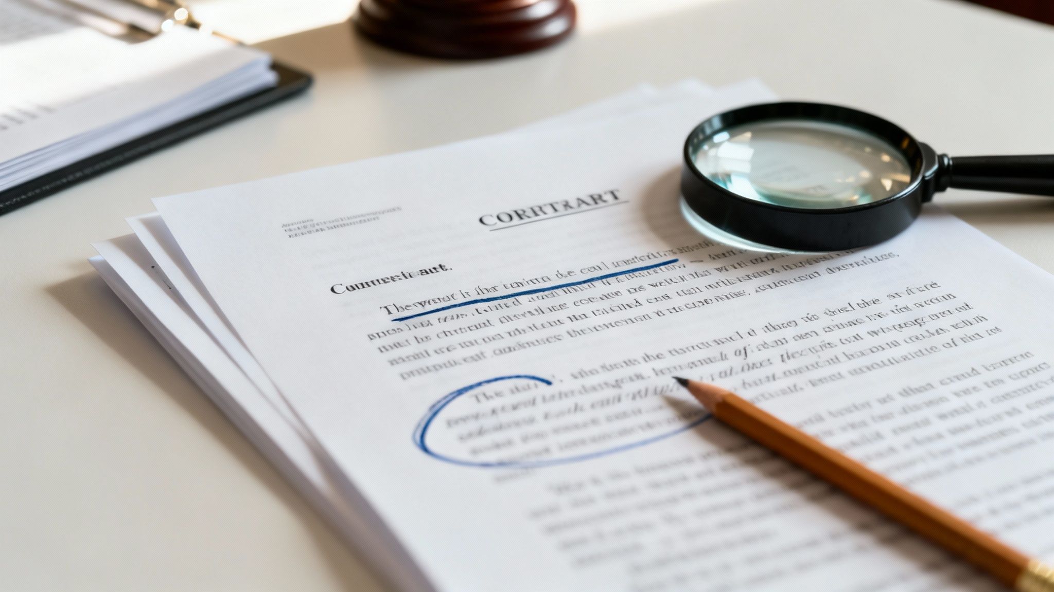 A close-up of a contract document with a magnifying glass and pencil, suggesting legal review.