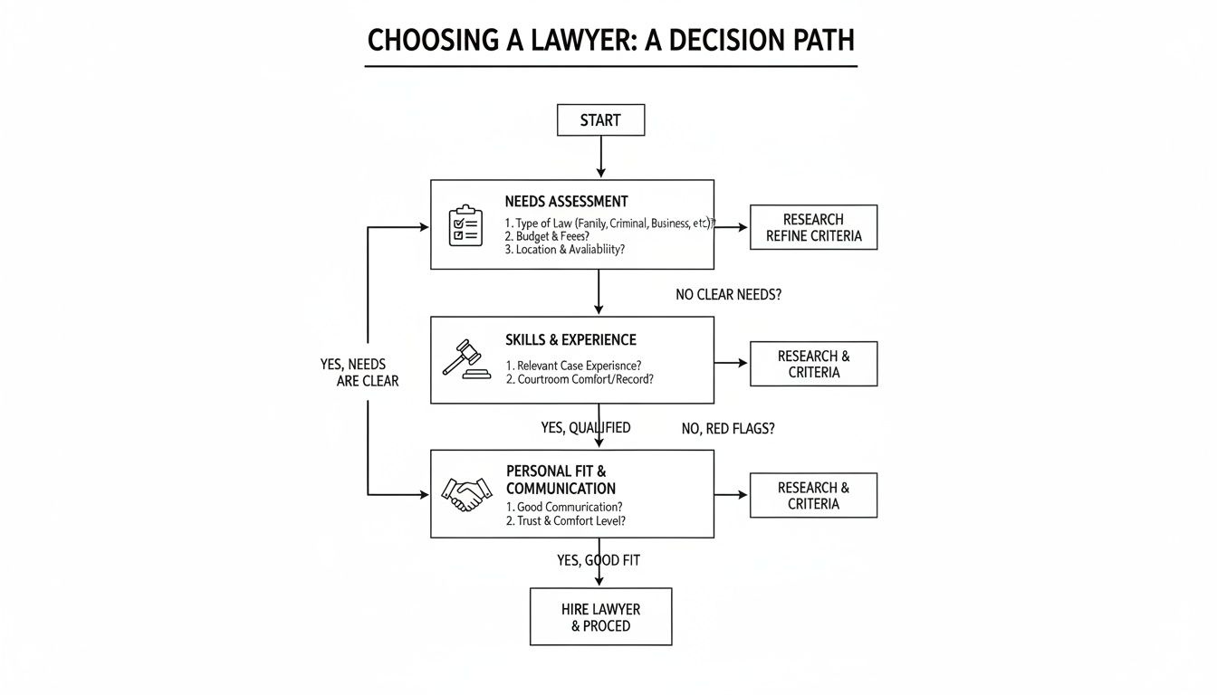 A detailed flowchart illustrating the step-by-step decision path for choosing a suitable lawyer.