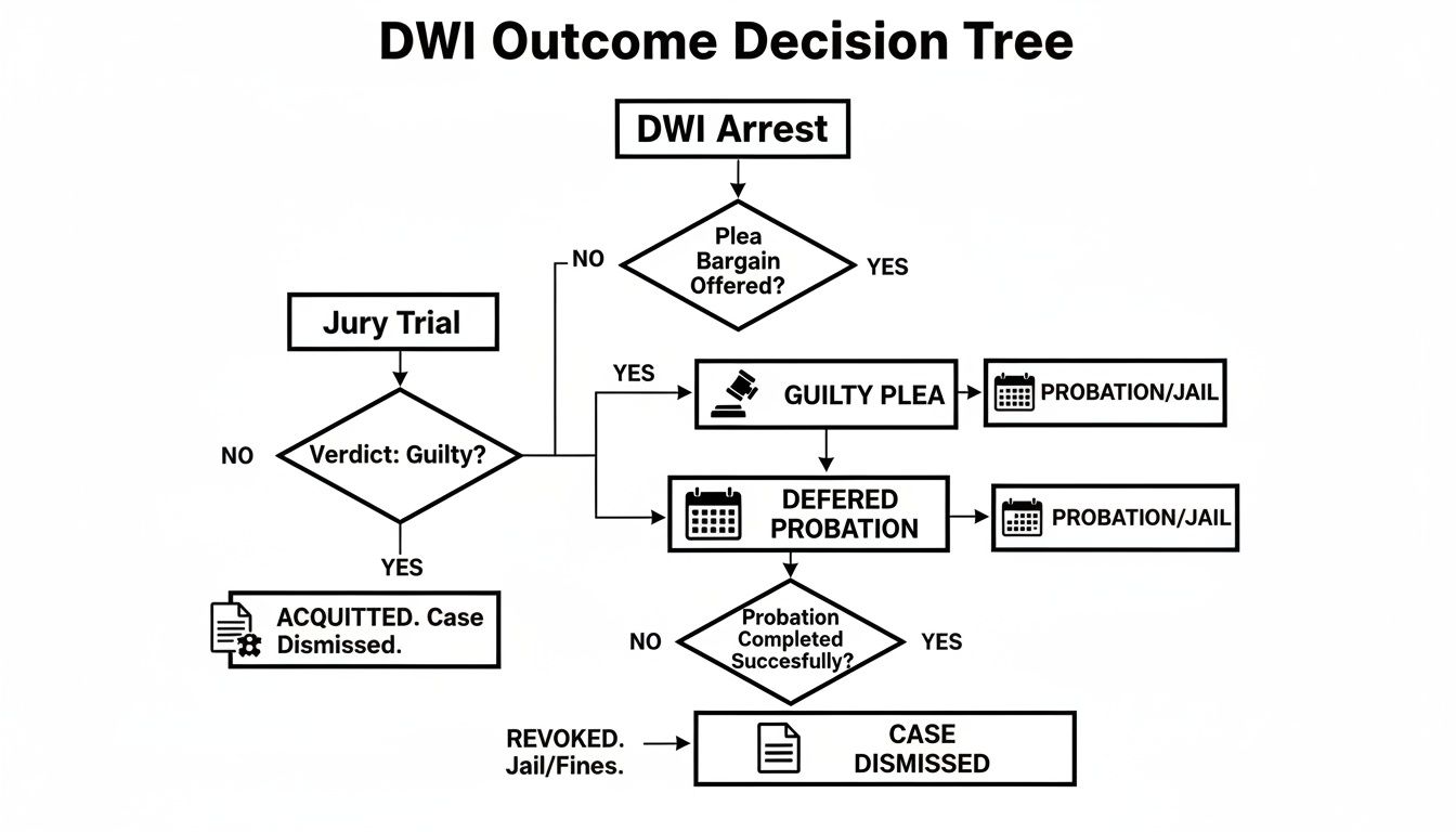 Flowchart illustrating the DWI outcome decision tree, detailing steps from arrest to dismissal or conviction.