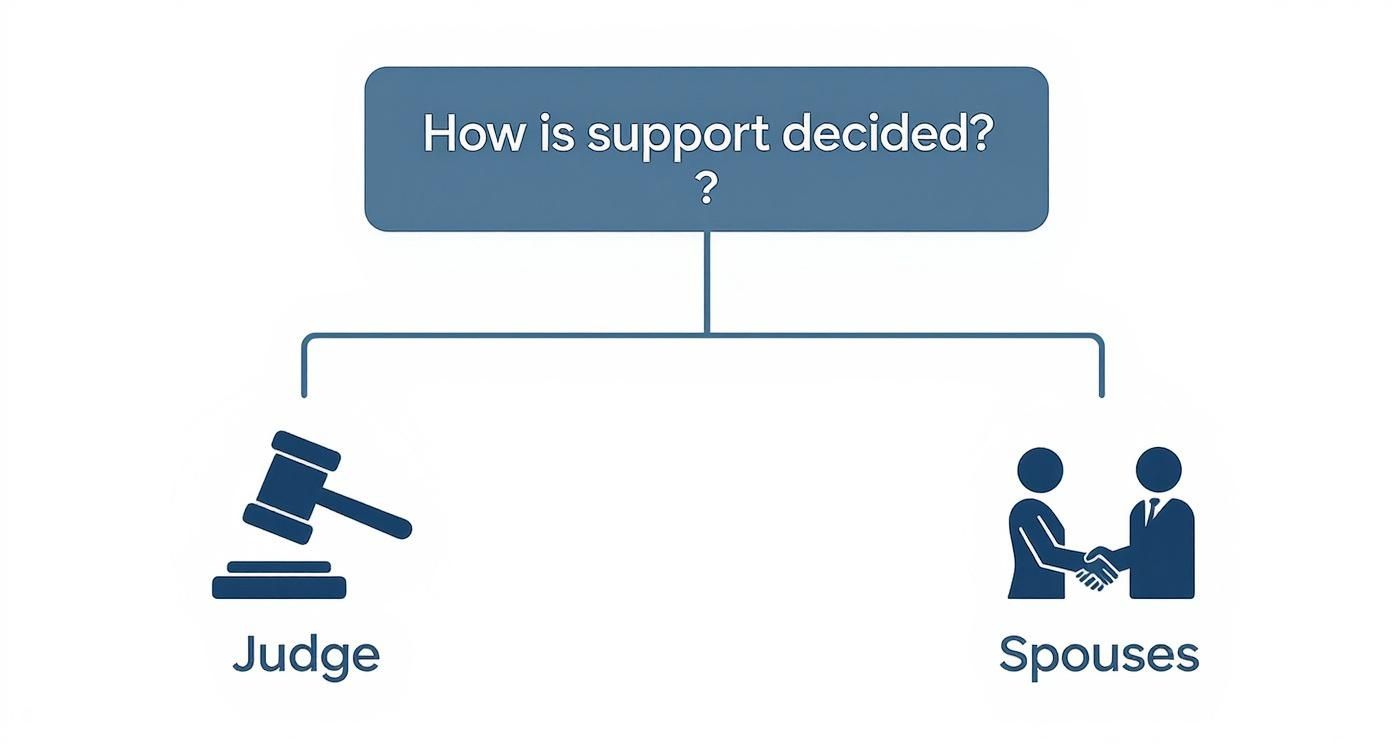 A flowchart explaining how spousal support is decided, either by a judge or by agreement between spouses.