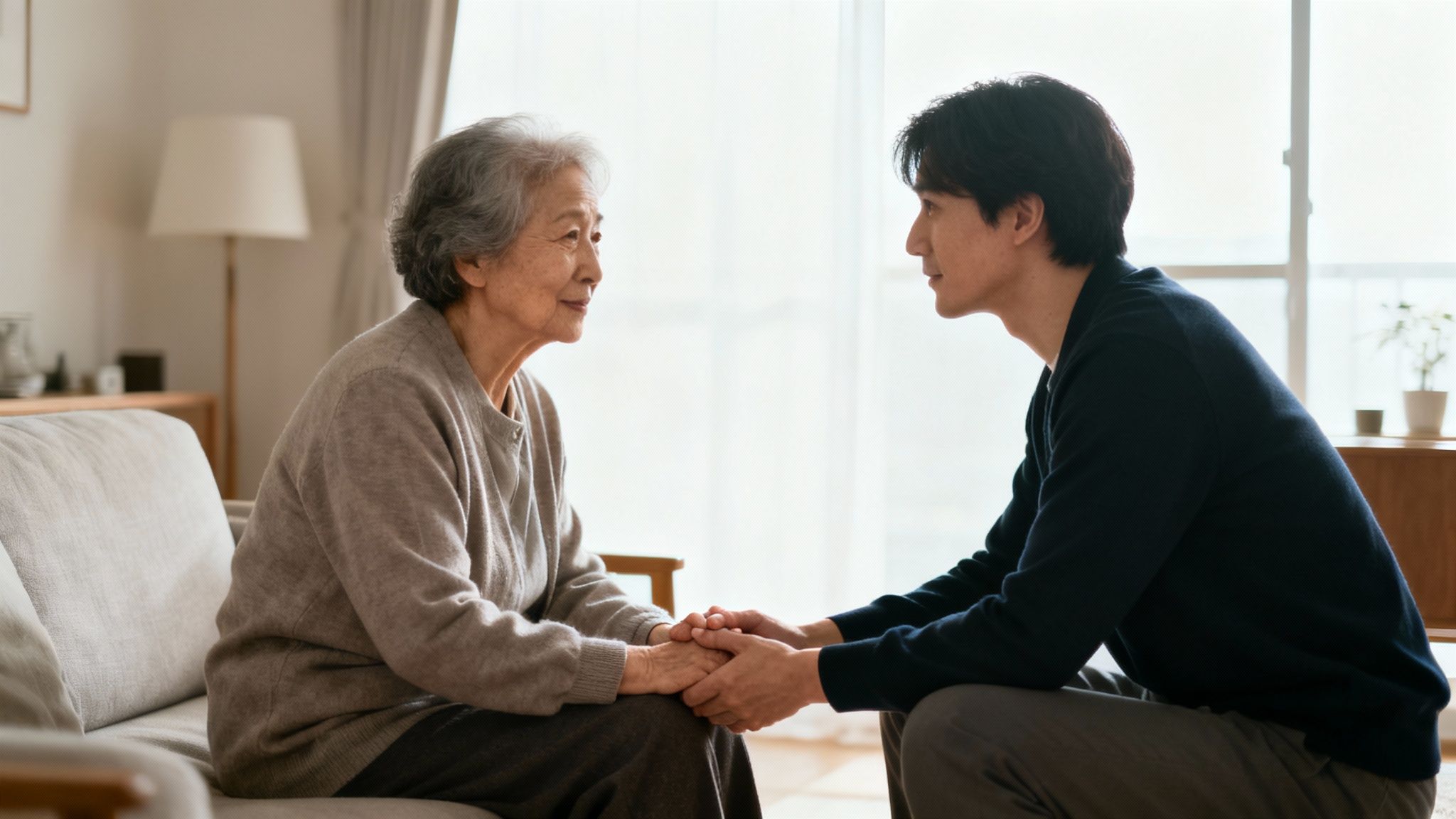 Man and elderly woman holding hands, engaged in a heartfelt conversation in a cozy living room, symbolizing family support and emotional connection during guardianship discussions.