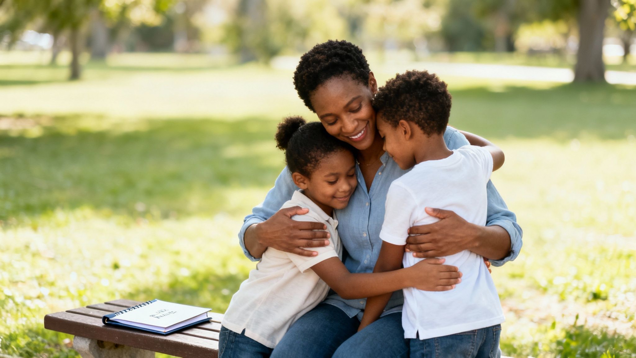 Mother embracing two children in a park, symbolizing love and family unity, with an adoption guidebook on a bench, reflecting the journey of building a new family through adoption in Texas.
