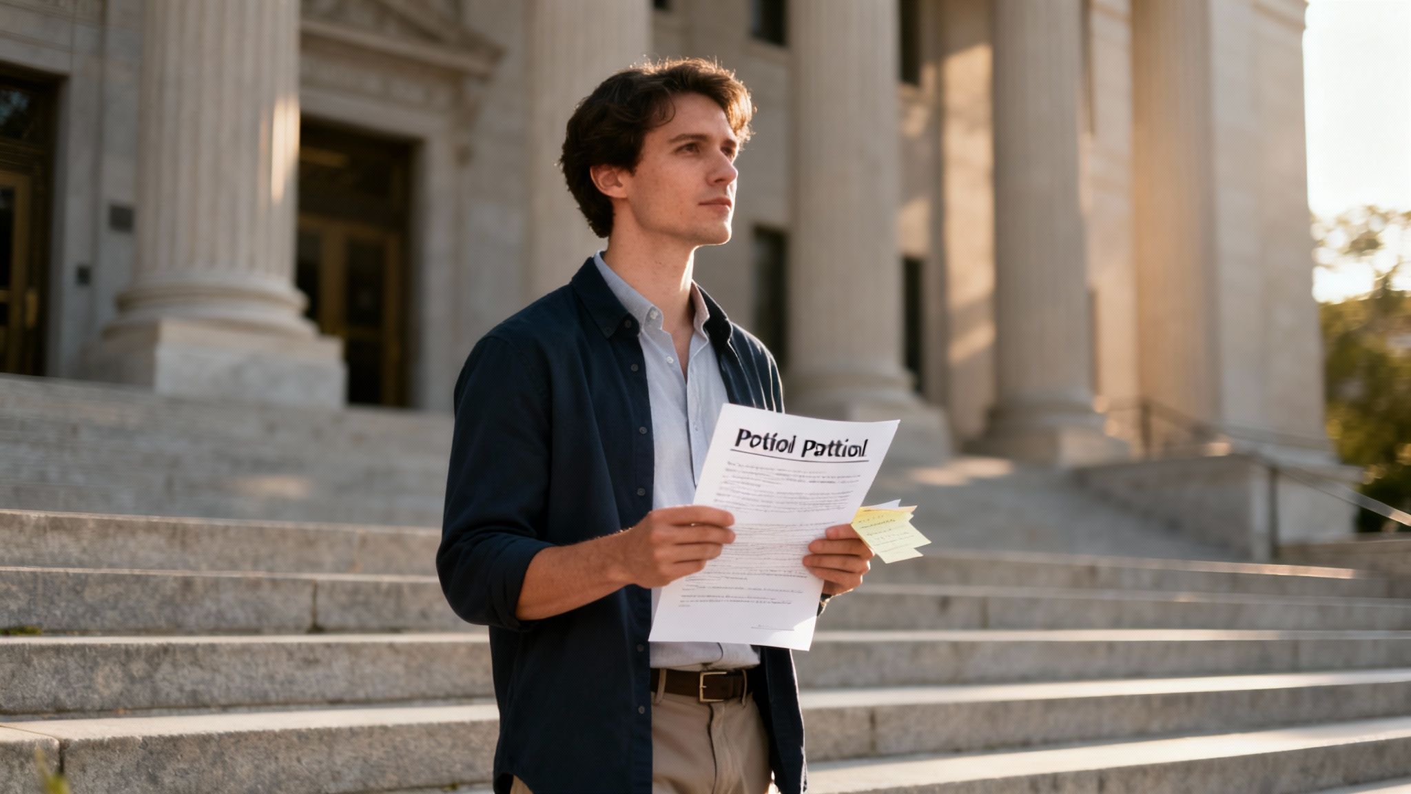 A young man with documents and sticky notes stands thoughtfully on courthouse steps.