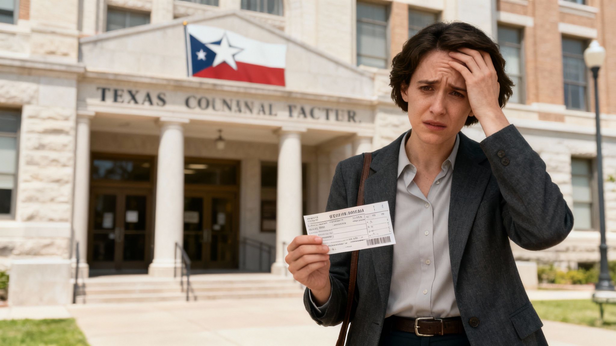 Woman outside Texas courthouse holding citation, looking distressed, representing first encounter with Class C misdemeanor legal process.