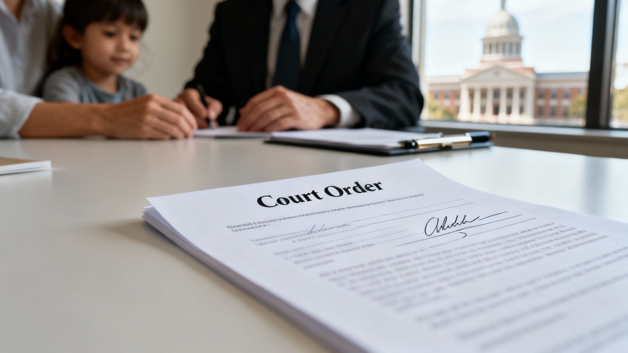 A prominent "Court Order" document on a desk, with a lawyer, a woman, and a child in a legal setting.