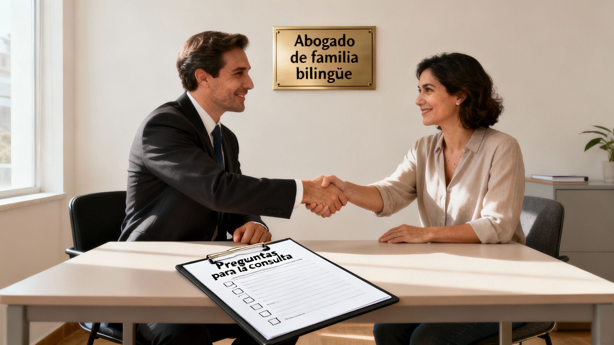 Un abogado bilingüe de familia y cliente se dan la mano en una consulta, con un formulario de preguntas.