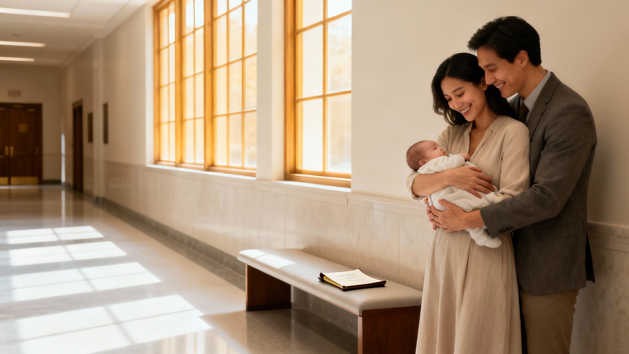 Happy parents, a man and a woman, smiling at their newborn baby in a bright hallway.