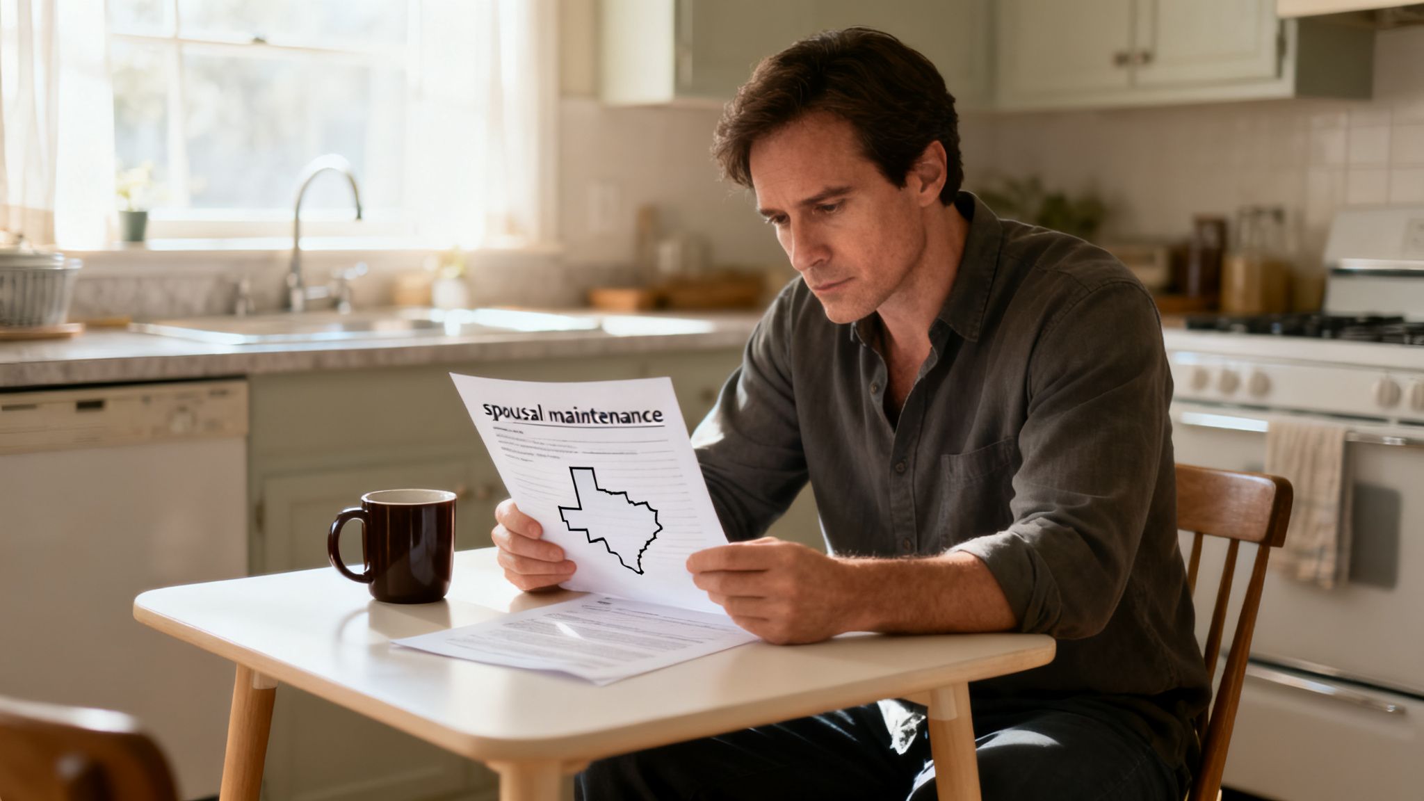 A man carefully reads a spousal maintenance document with a Texas map in his kitchen.