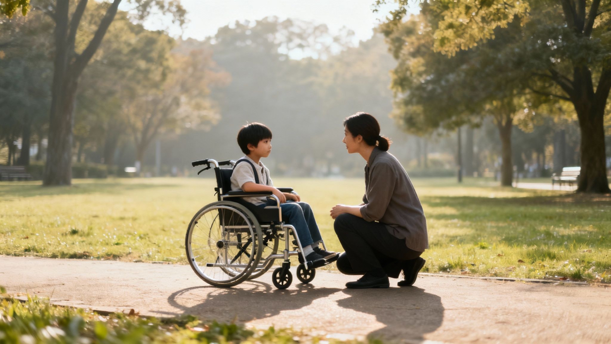 A caring woman kneels to talk with a young boy in a wheelchair in a sunny park.