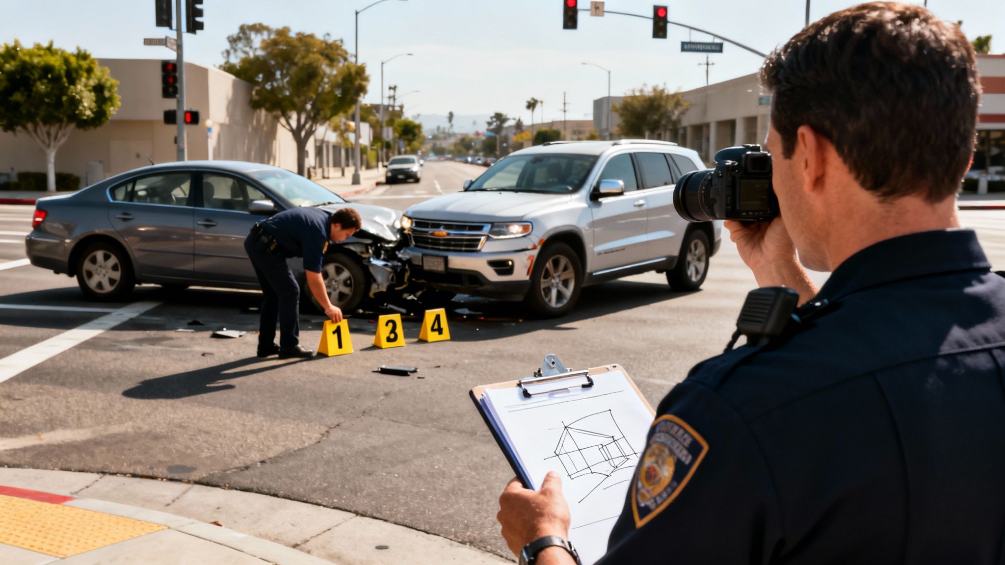 Police officers investigate a car accident with two damaged vehicles, setting up evidence markers and taking photos.
