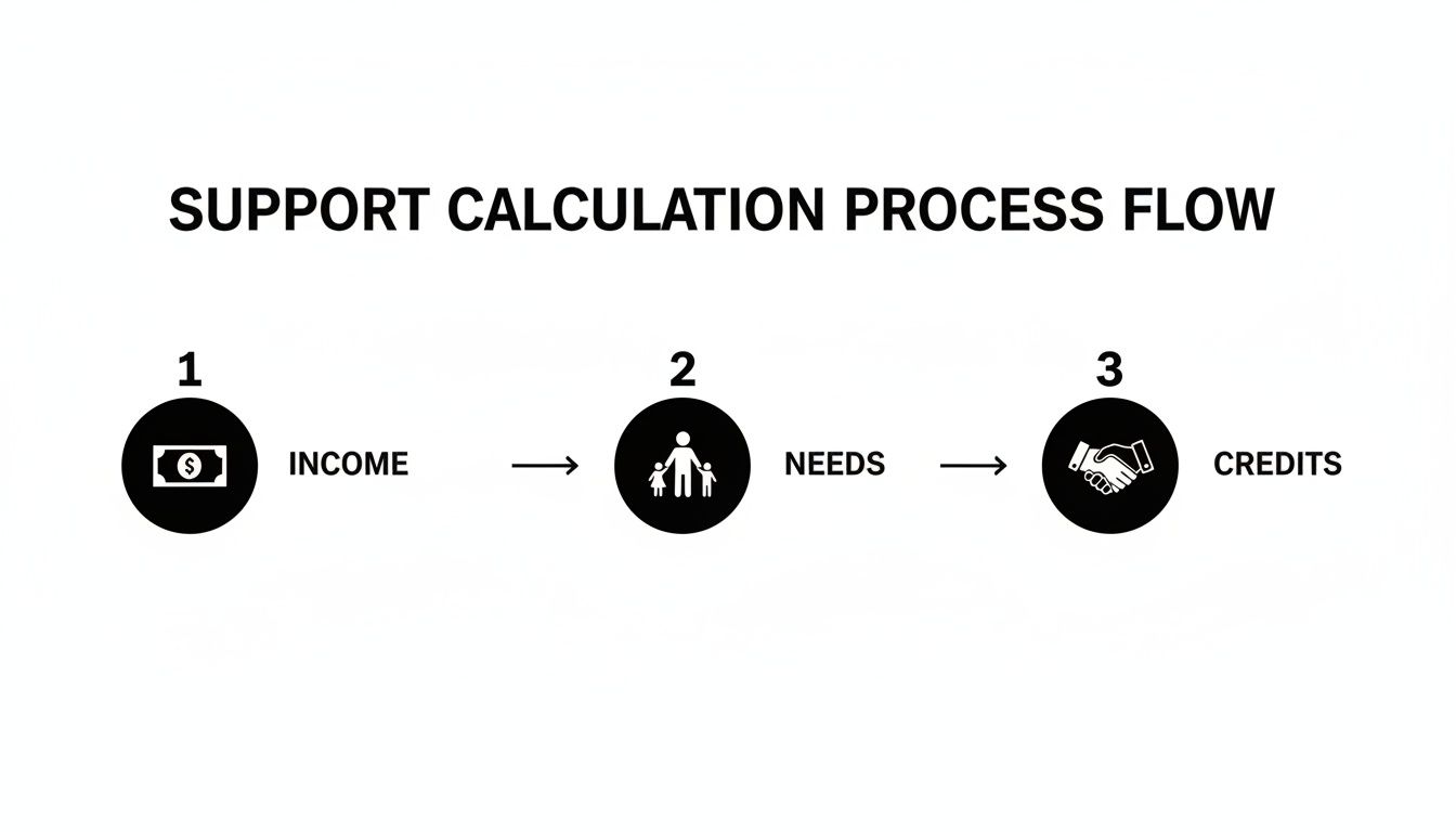 Support calculation process flow for Texas retroactive child support: income assessment, child needs evaluation, and credit for prior support payments.