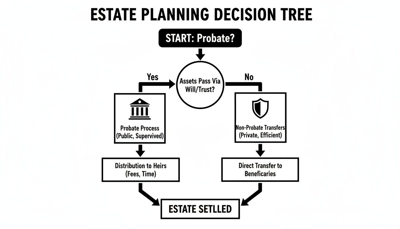 A flowchart titled 'Estate Planning Decision Tree' illustrates probate and non-probate asset transfer processes.